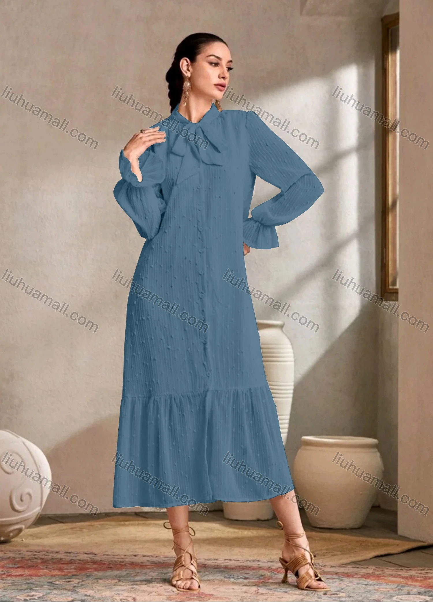 Wholesale Womem's Casual Plain Swiss Dot Poet Sleeve Button Down Ruffle Hem Midi Dress - Liuhuamall