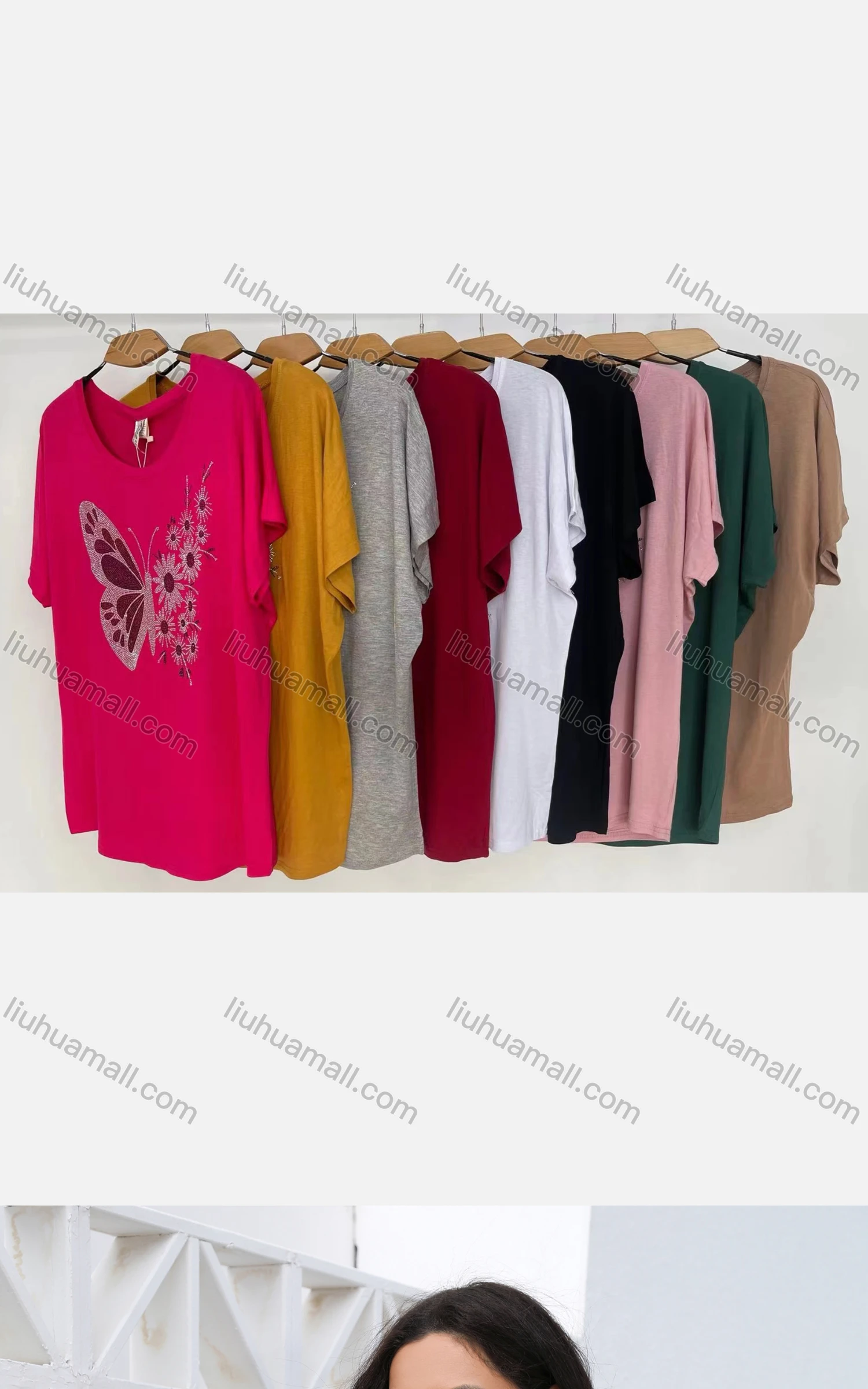 Wholesale Women's Casual Butterfly Print Rhinestone Crew Neck Short Sleeve Blouse - Liuhuamall