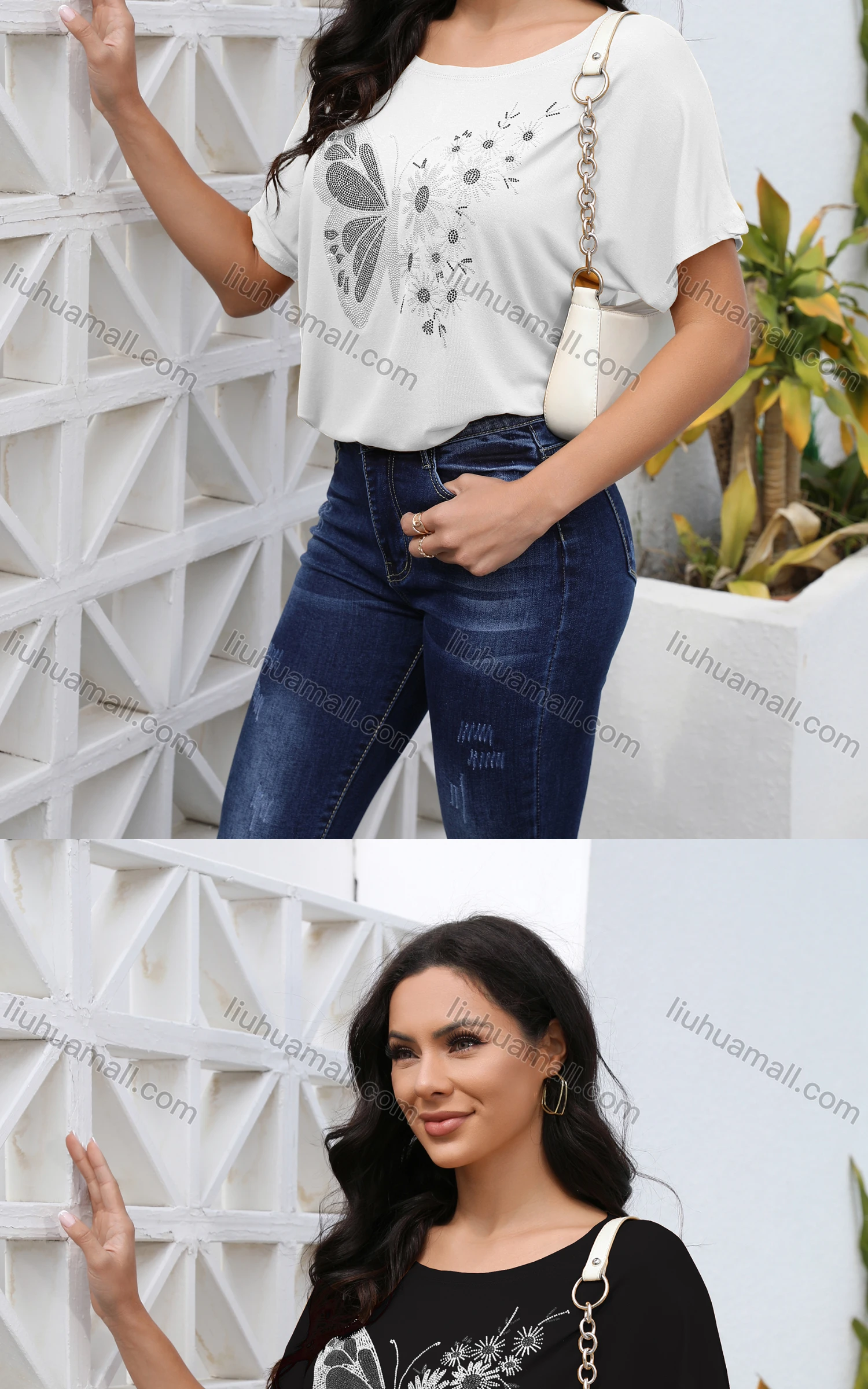 Wholesale Women's Casual Butterfly Print Rhinestone Crew Neck Short Sleeve Blouse - Liuhuamall