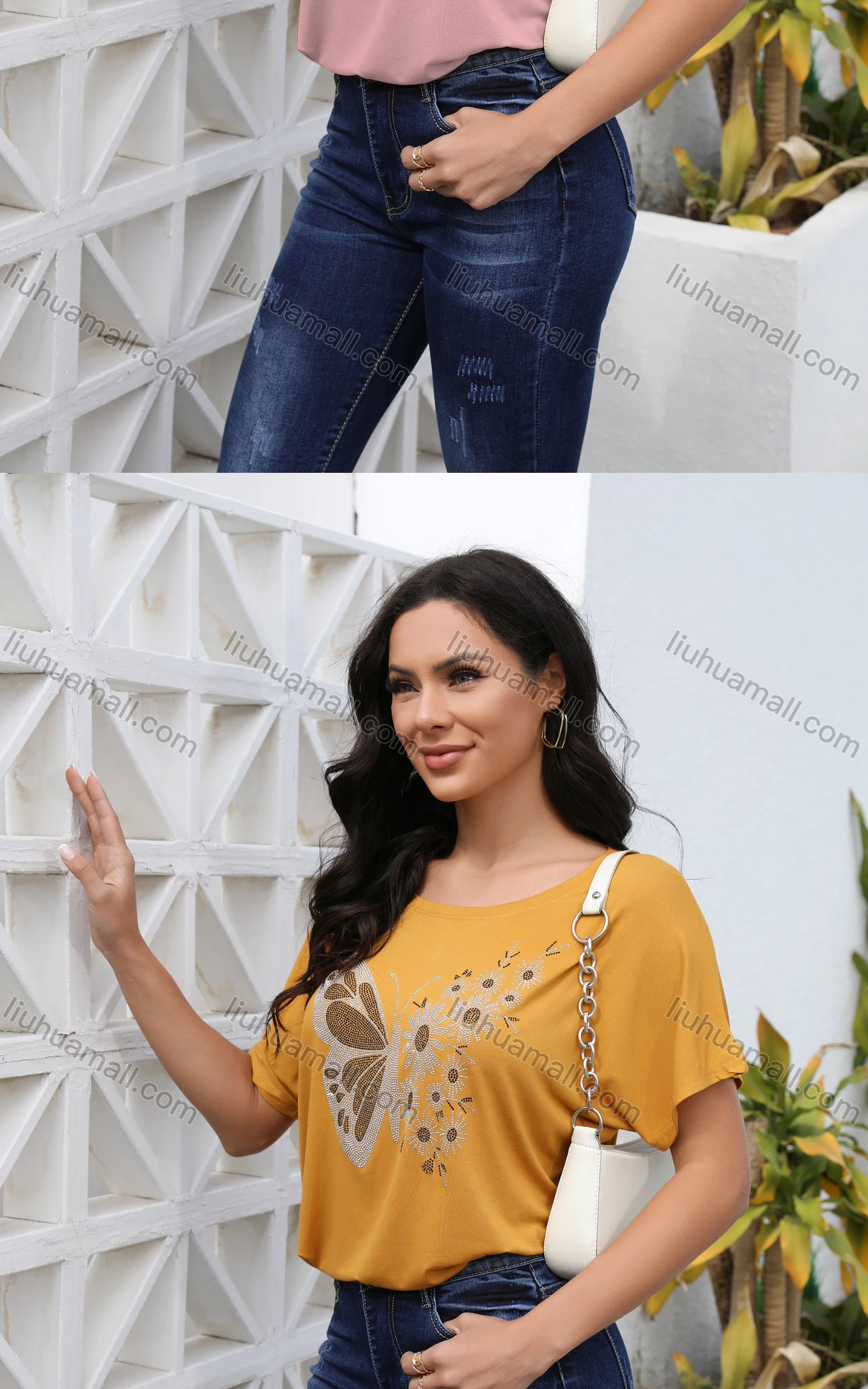 Wholesale Women's Casual Butterfly Print Rhinestone Crew Neck Short Sleeve Blouse - Liuhuamall