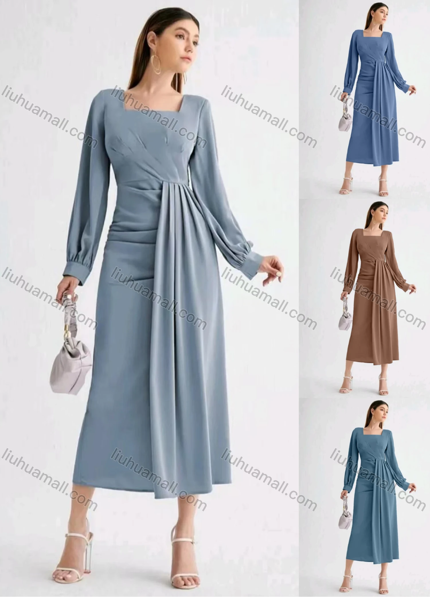 Wholesale Women's Casual Plain Square Neck Long Sleeve High Waist Ruched Midi Dress - Liuhuamall
