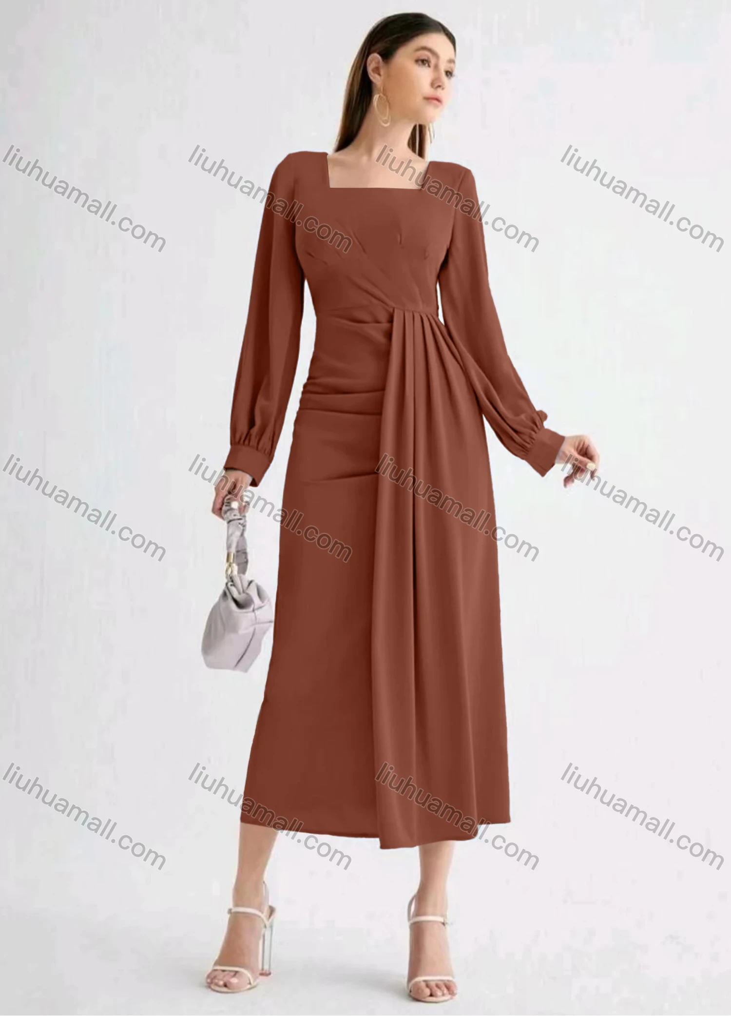 Wholesale Women's Casual Plain Square Neck Long Sleeve High Waist Ruched Midi Dress - Liuhuamall