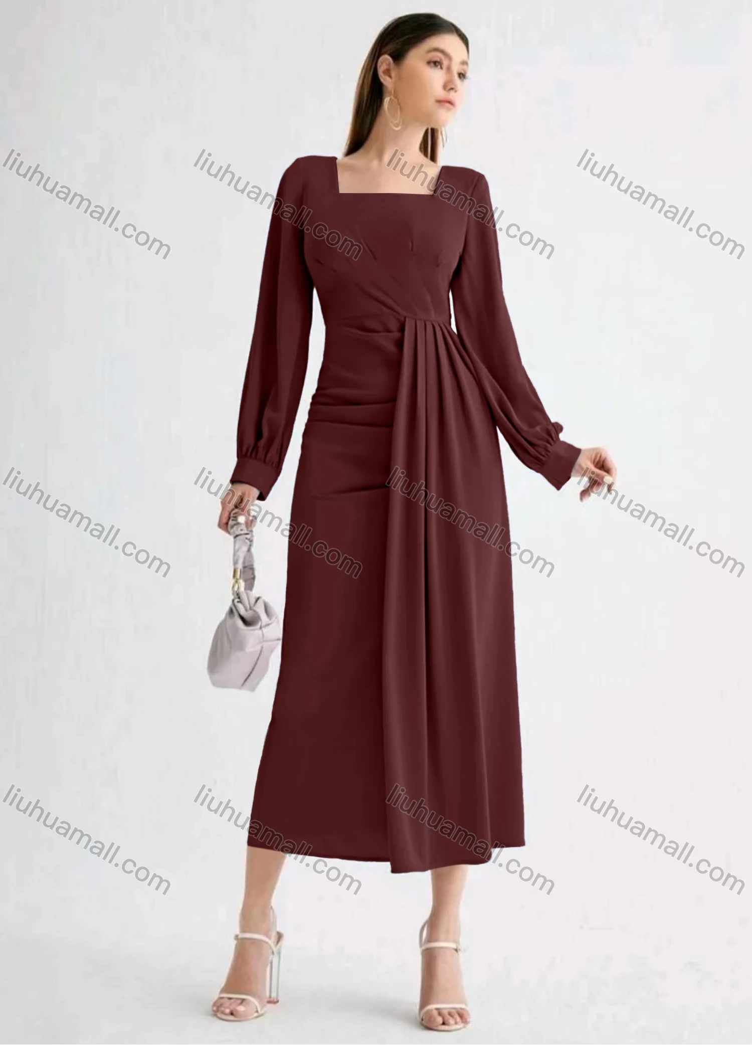 Wholesale Women's Casual Plain Square Neck Long Sleeve High Waist Ruched Midi Dress - Liuhuamall