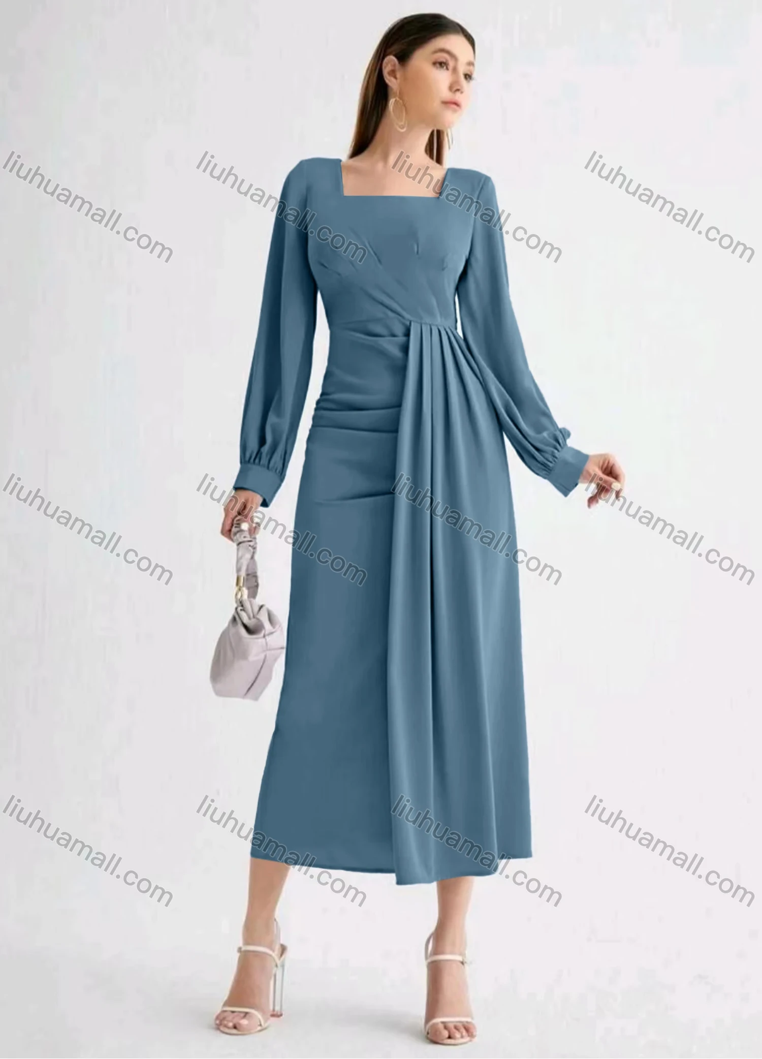 Wholesale Women's Casual Plain Square Neck Long Sleeve High Waist Ruched Midi Dress - Liuhuamall