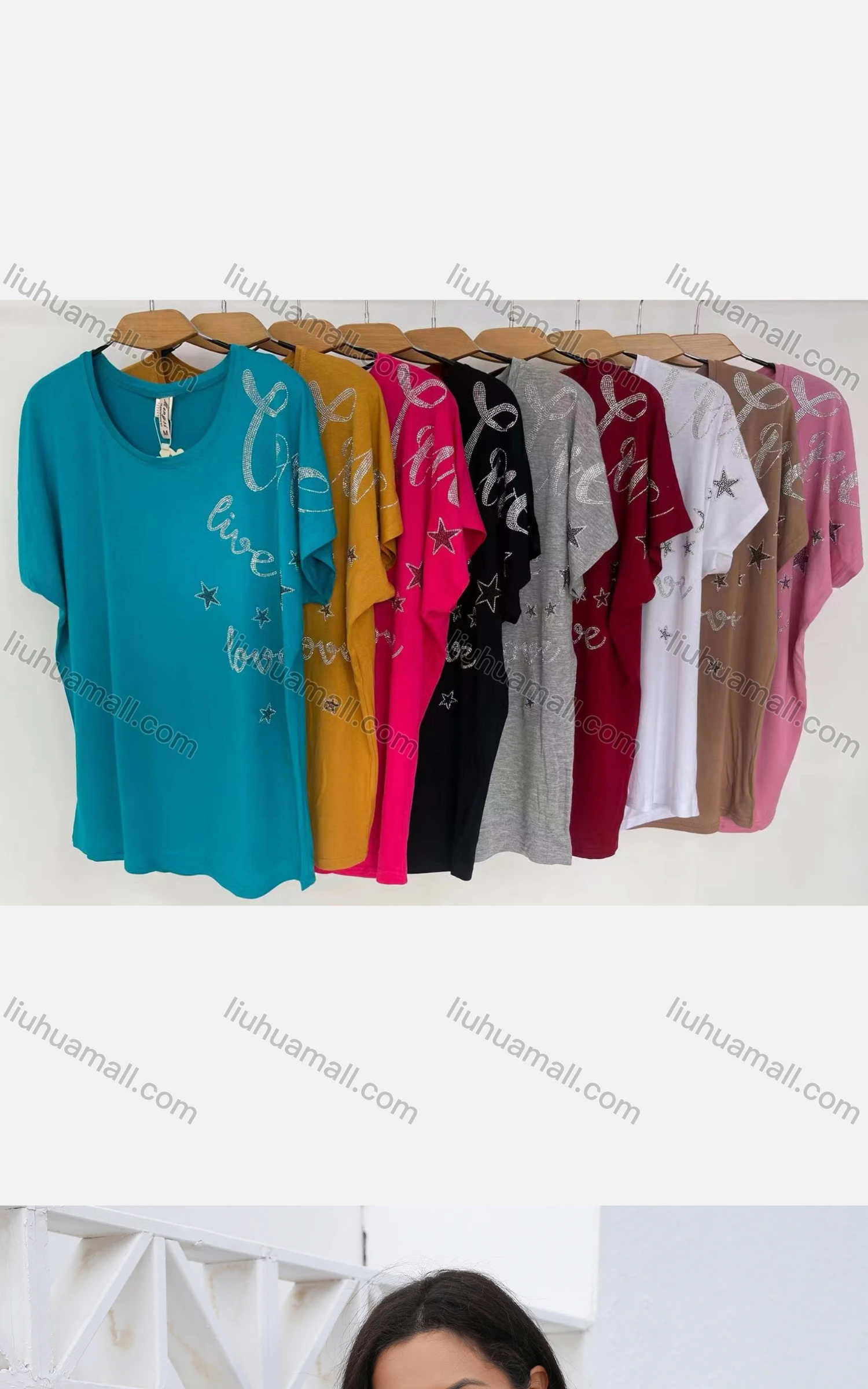 Wholesale Women's Casual Rhinestone Scoop Neck Short Sleeve Blouse - Liuhuamall