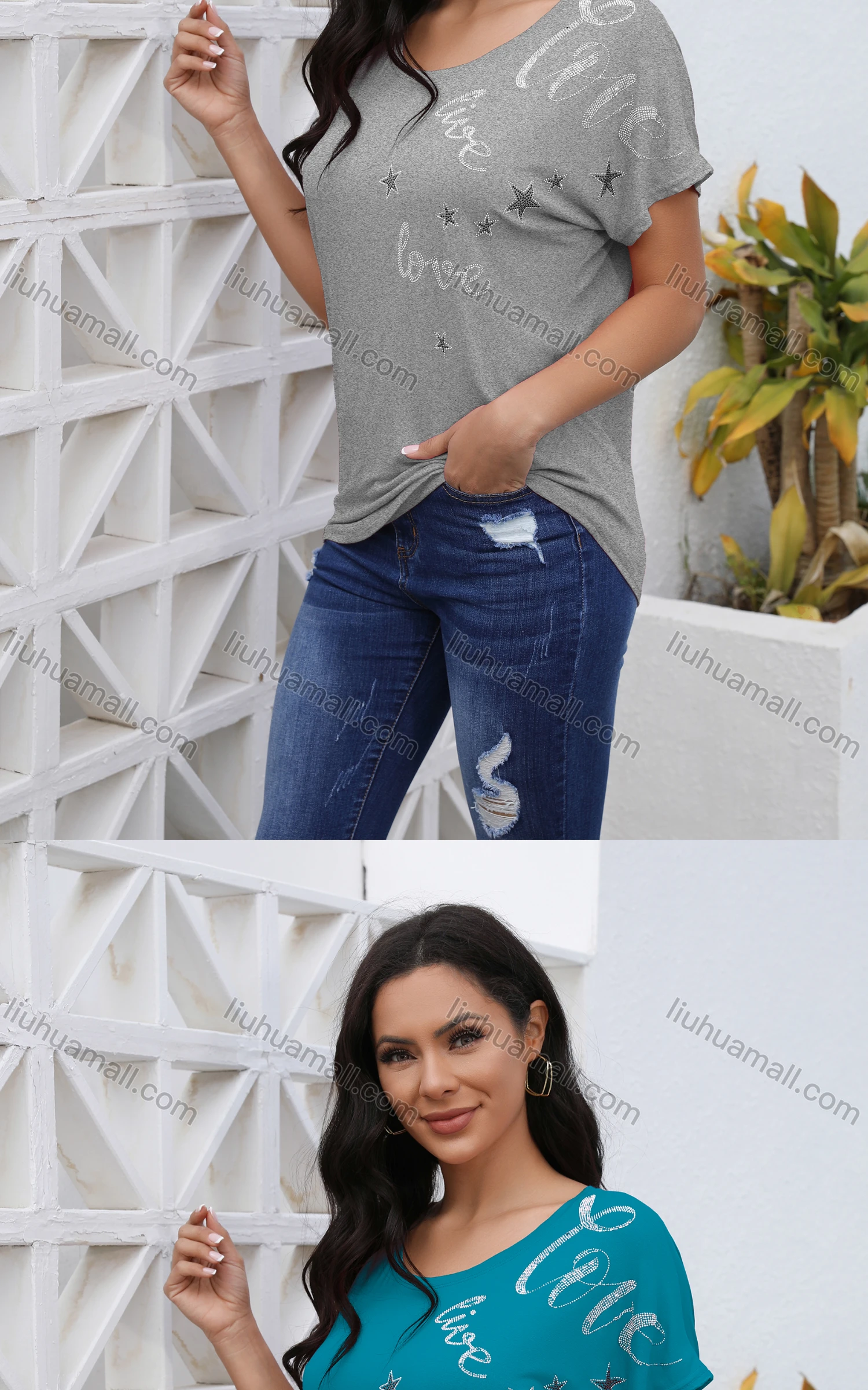 Wholesale Women's Casual Rhinestone Scoop Neck Short Sleeve Blouse - Liuhuamall