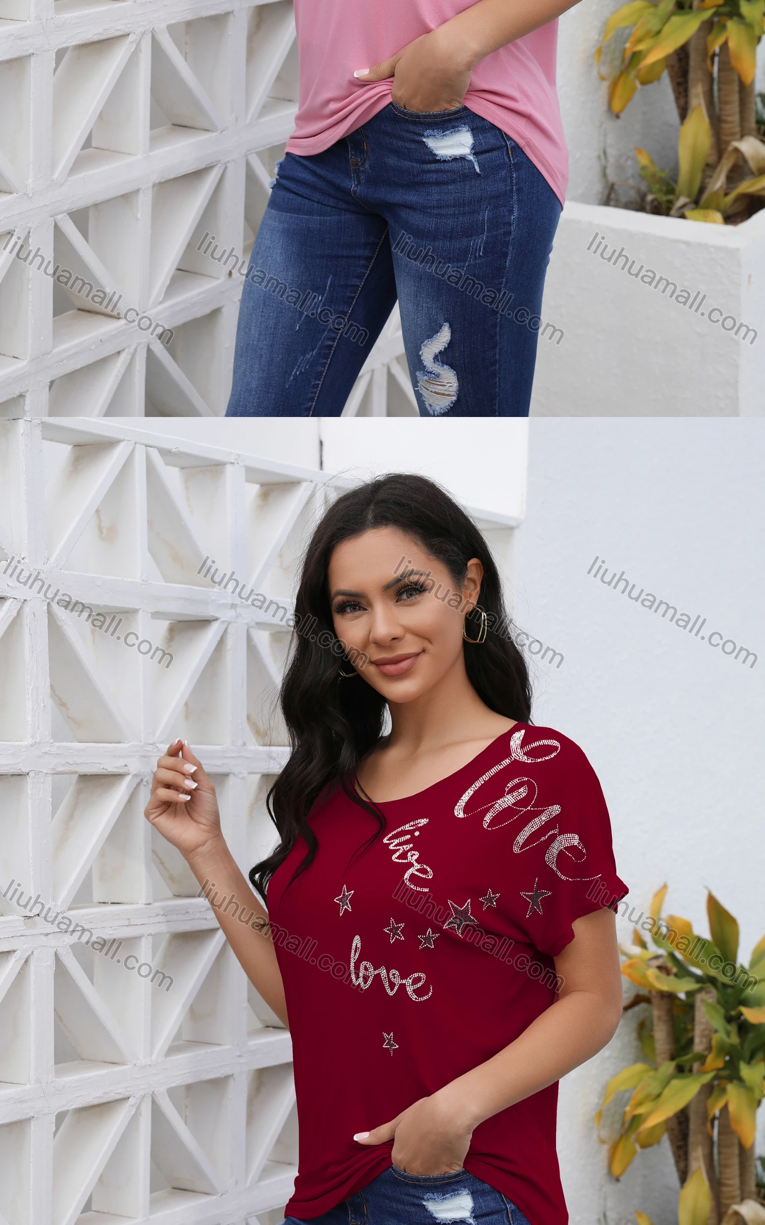 Wholesale Women's Casual Rhinestone Scoop Neck Short Sleeve Blouse - Liuhuamall