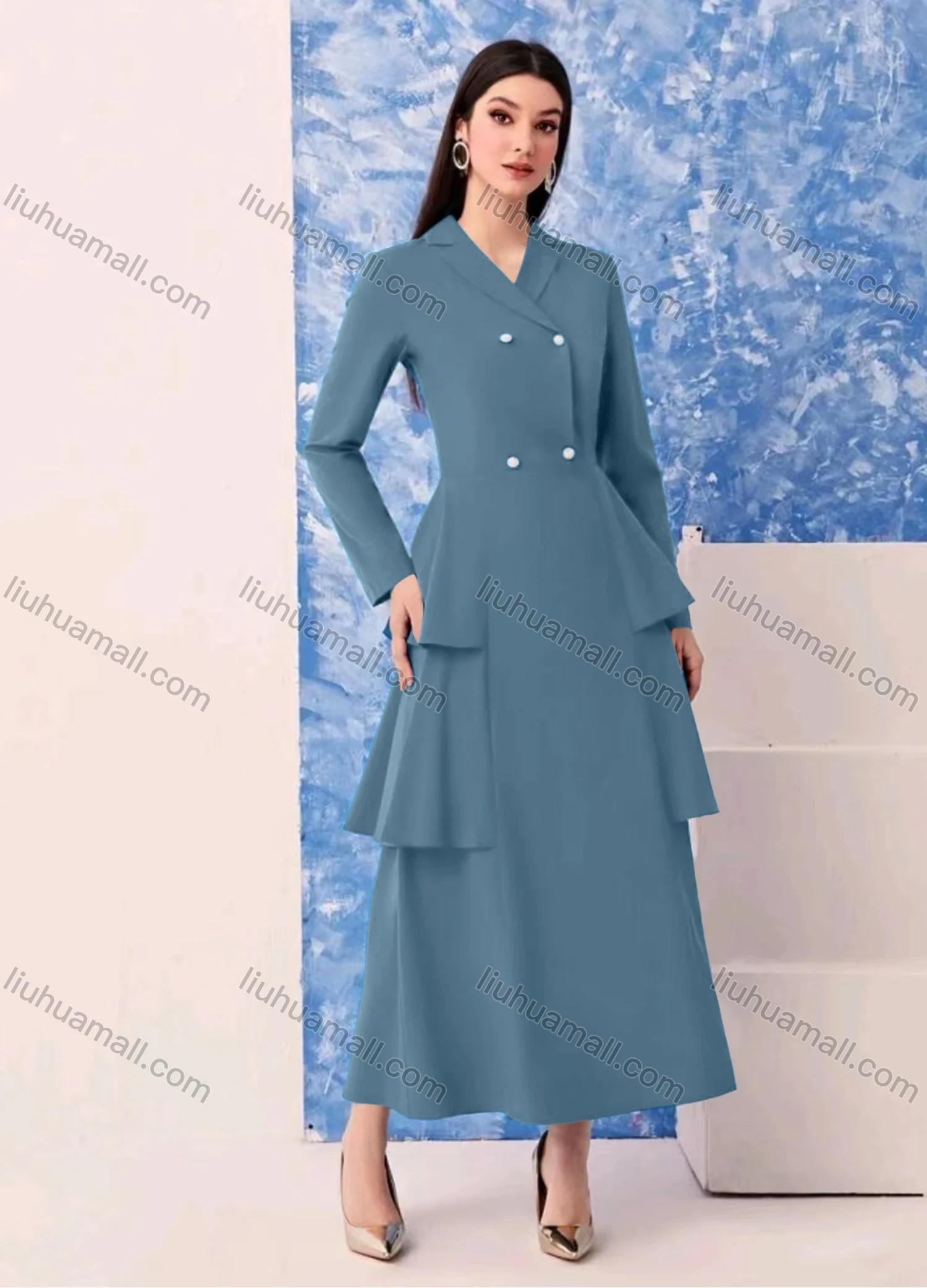 Wholesale Women's Plain Wrap Lapel Double Breasted Long Sleeve Layered Maxi Blazer Dress - Liuhuamall