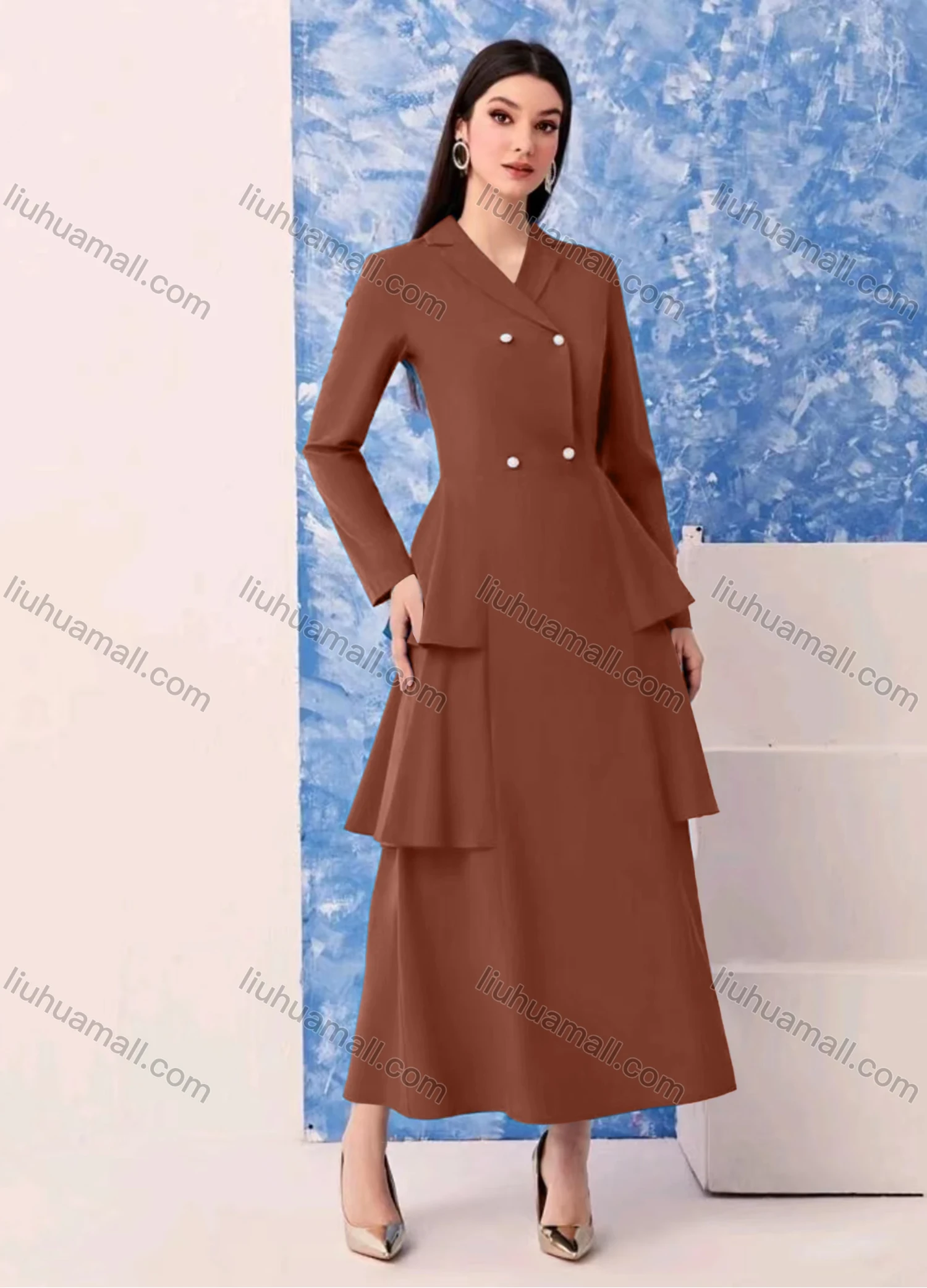 Wholesale Women's Plain Wrap Lapel Double Breasted Long Sleeve Layered Maxi Blazer Dress - Liuhuamall