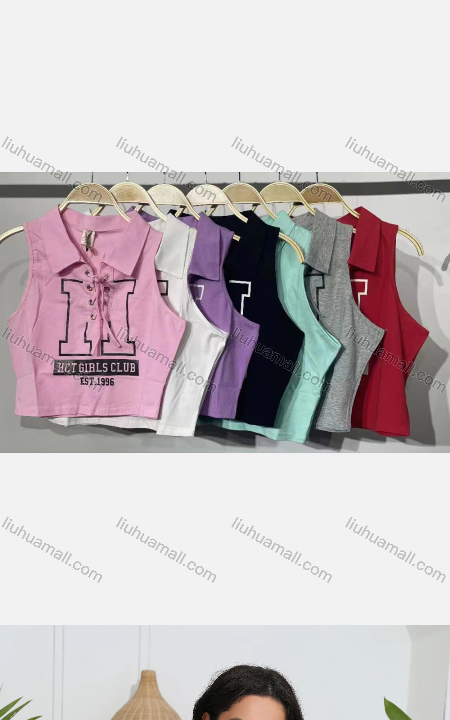 Wholesale Women's Casual Collared Sleeveless Criss Cross Letter Crop Top - Liuhuamall