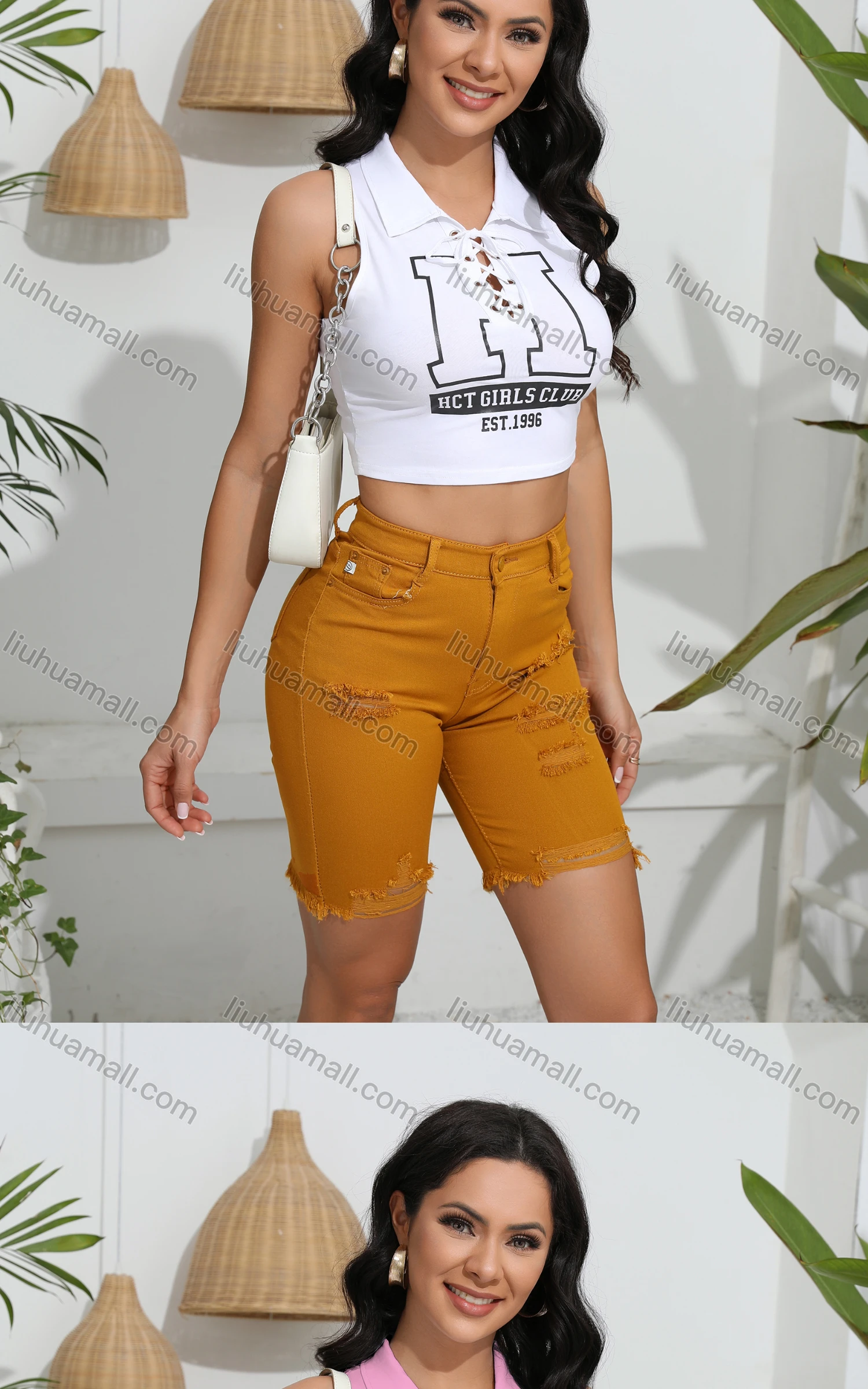 Wholesale Women's Casual Collared Sleeveless Criss Cross Letter Crop Top - Liuhuamall