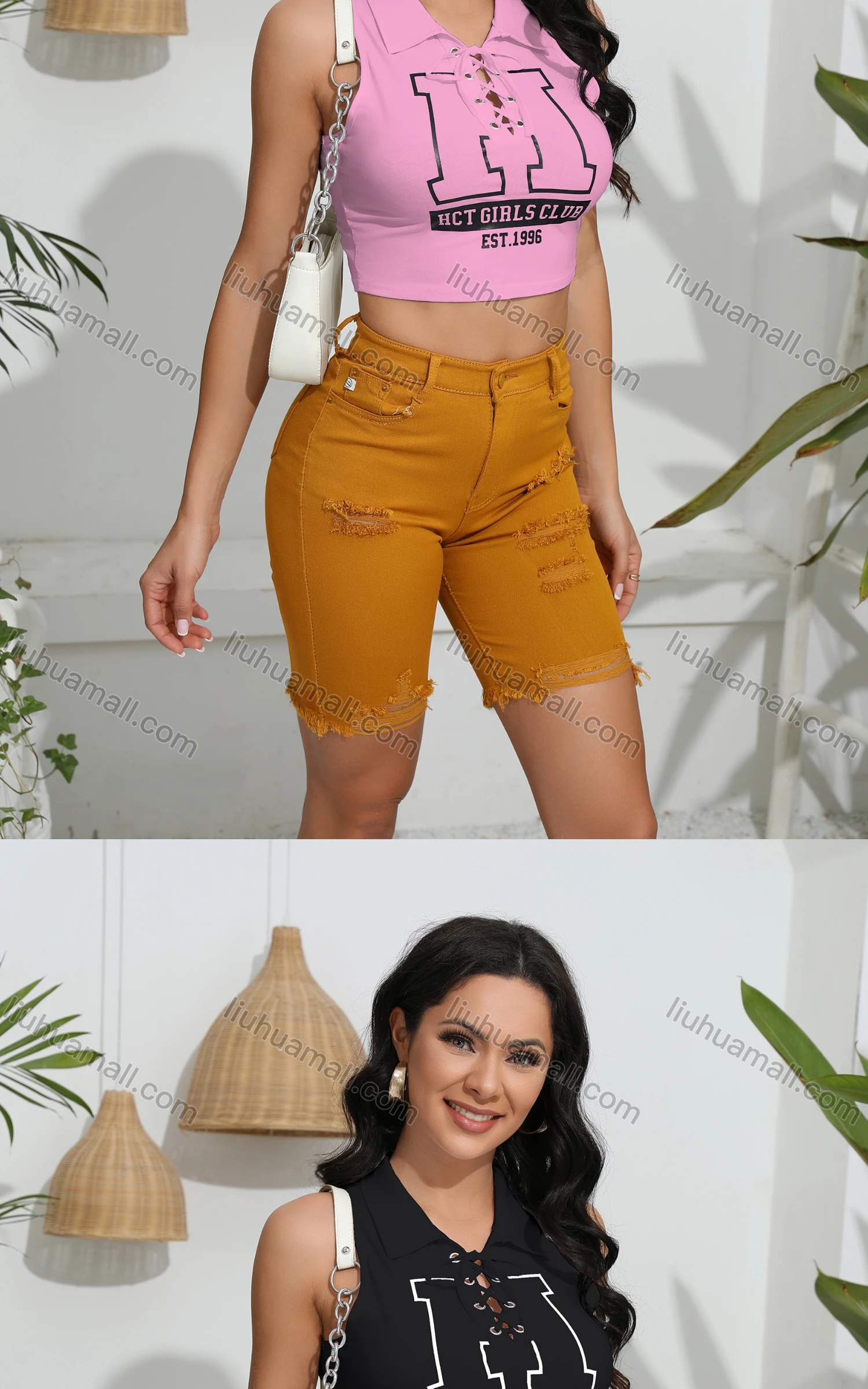 Wholesale Women's Casual Collared Sleeveless Criss Cross Letter Crop Top - Liuhuamall