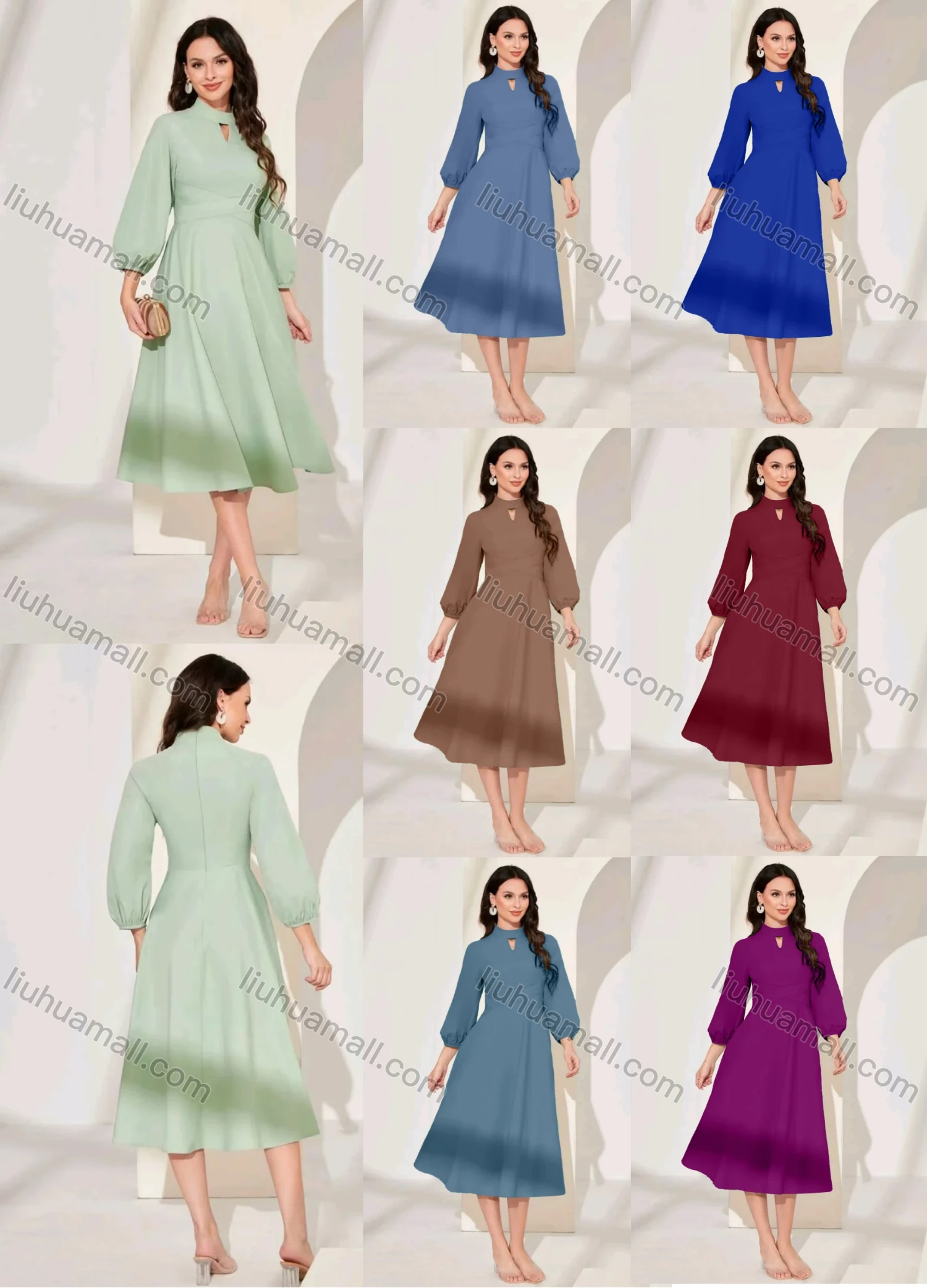Wholesale Women's Casual Plain Mock Neck Cut Out Puff Sleeve Midi Dress - Liuhuamall