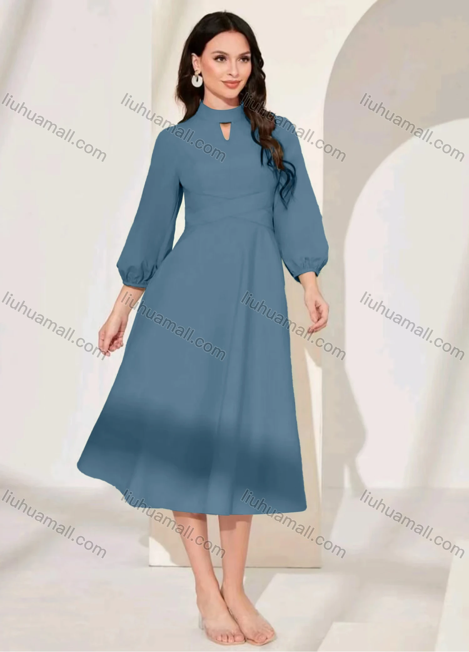 Wholesale Women's Casual Plain Mock Neck Cut Out Puff Sleeve Midi Dress - Liuhuamall