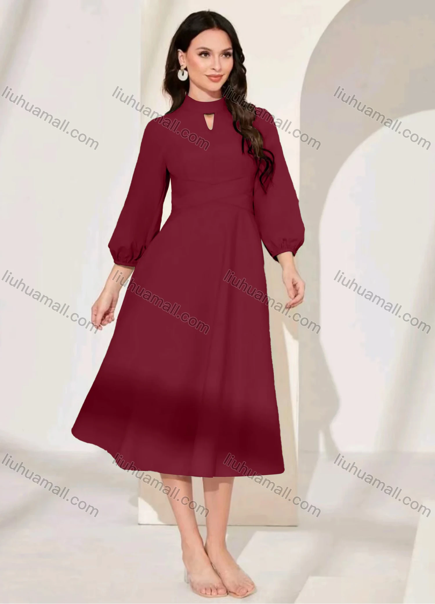 Wholesale Women's Casual Plain Mock Neck Cut Out Puff Sleeve Midi Dress - Liuhuamall