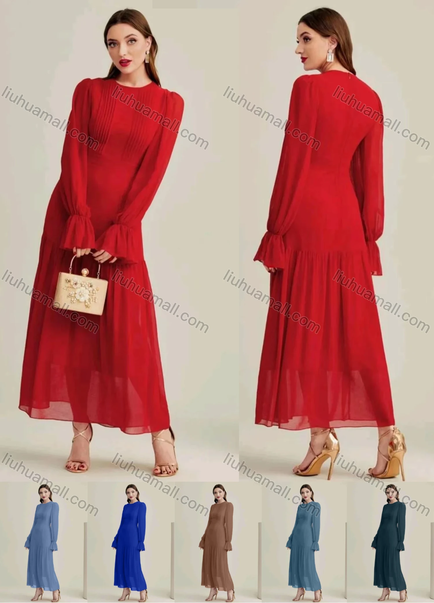 Wholesale Women's Casual Plain Round Neck Long Sleeve Ruched Ruffle Hem Maxi Dress - Liuhuamall