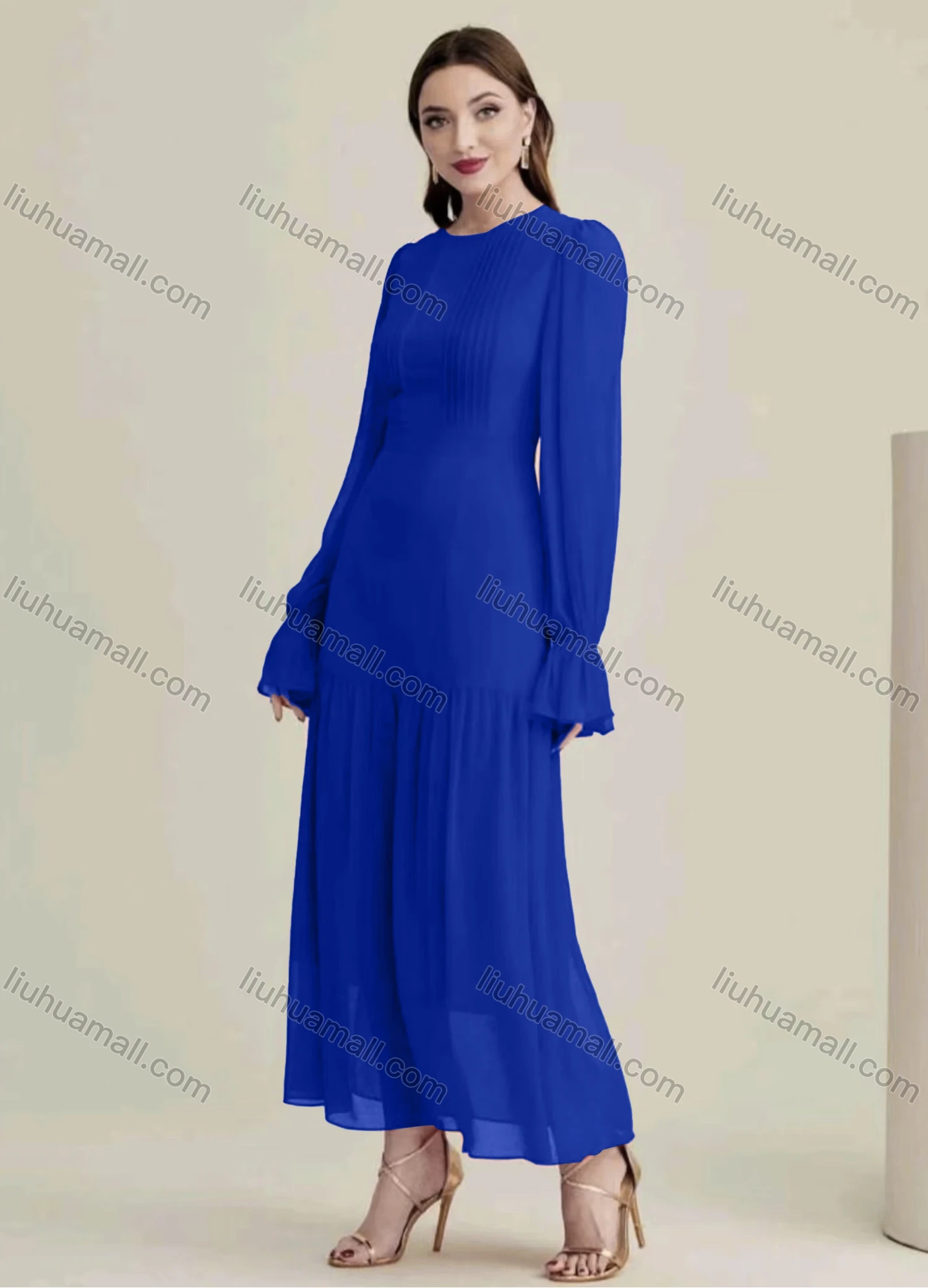 Wholesale Women's Casual Plain Round Neck Long Sleeve Ruched Ruffle Hem Maxi Dress - Liuhuamall
