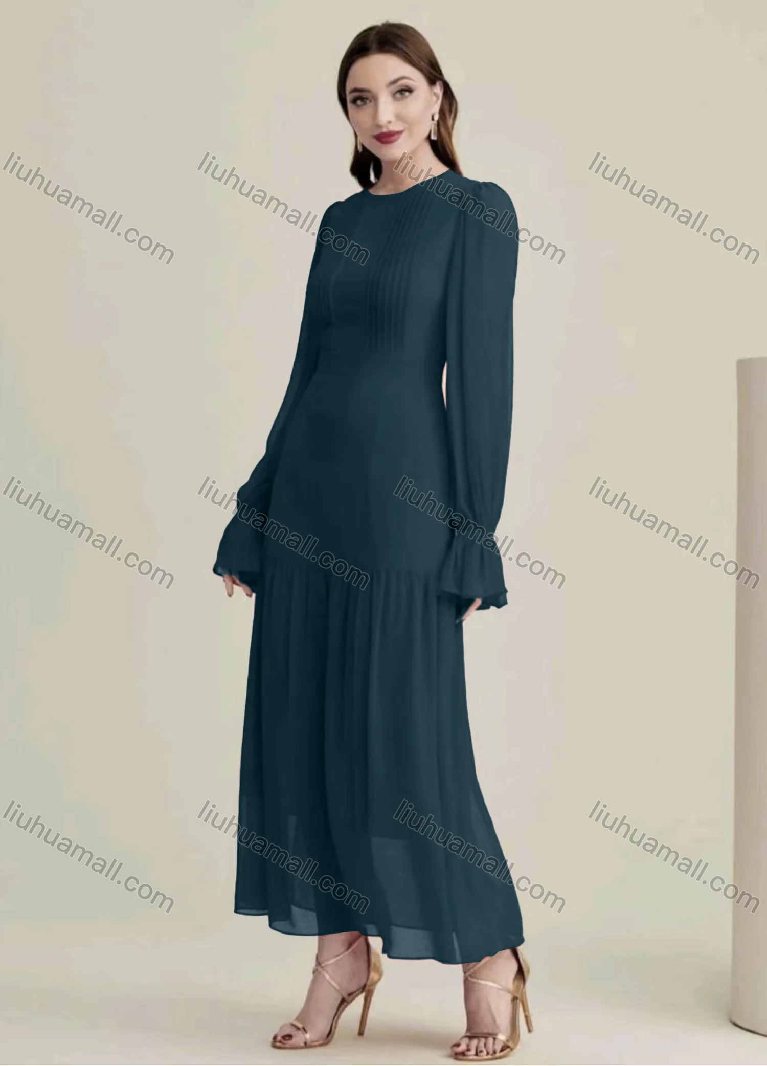 Wholesale Women's Casual Plain Round Neck Long Sleeve Ruched Ruffle Hem Maxi Dress - Liuhuamall