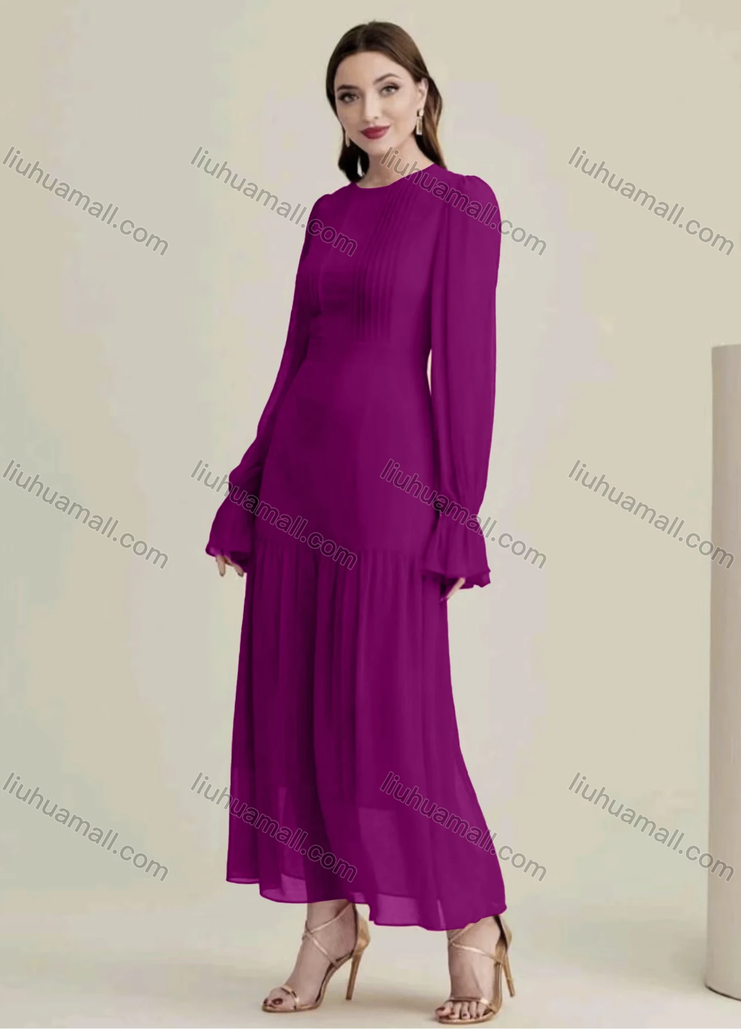 Wholesale Women's Casual Plain Round Neck Long Sleeve Ruched Ruffle Hem Maxi Dress - Liuhuamall