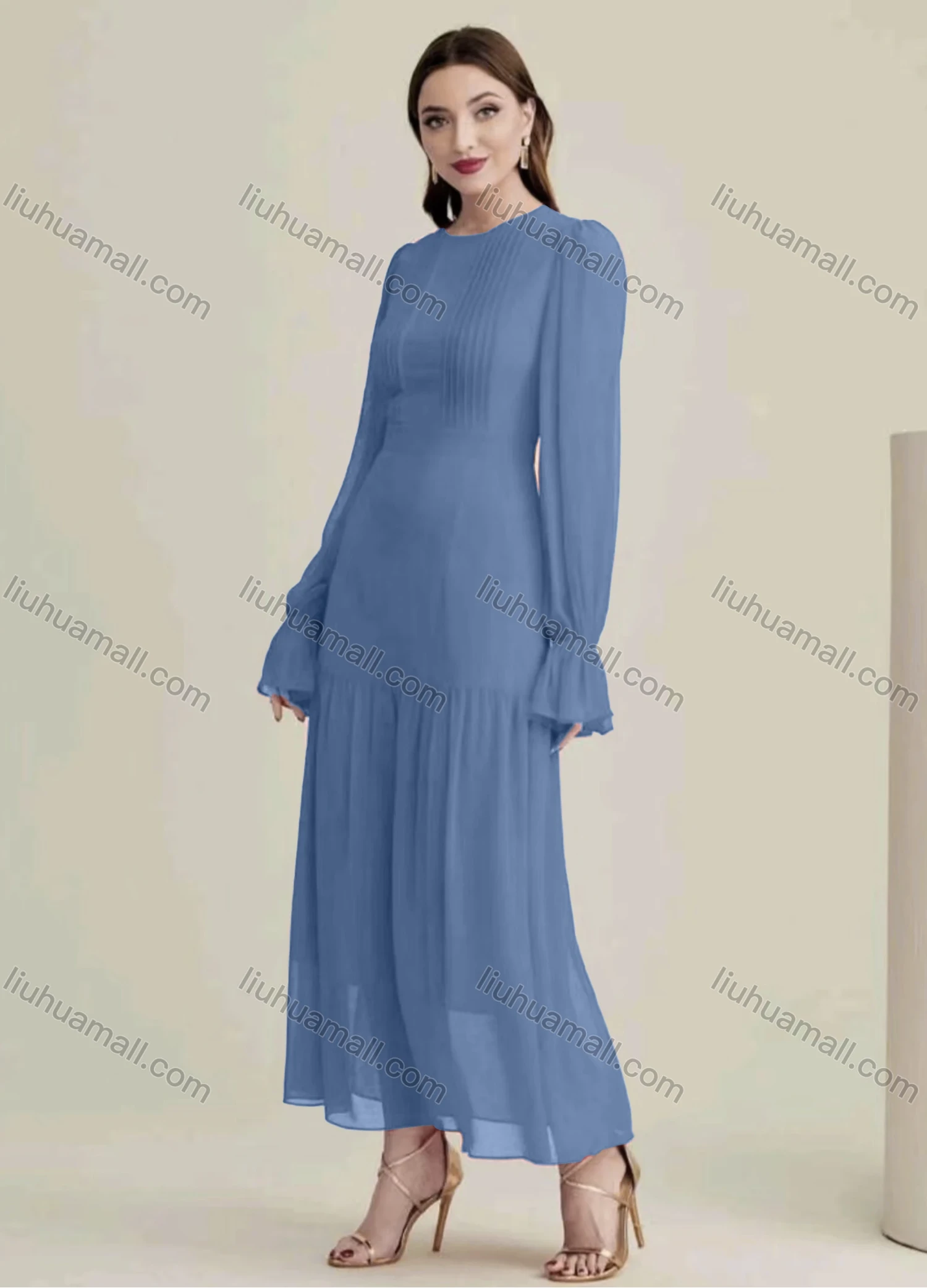 Wholesale Women's Casual Plain Round Neck Long Sleeve Ruched Ruffle Hem Maxi Dress - Liuhuamall