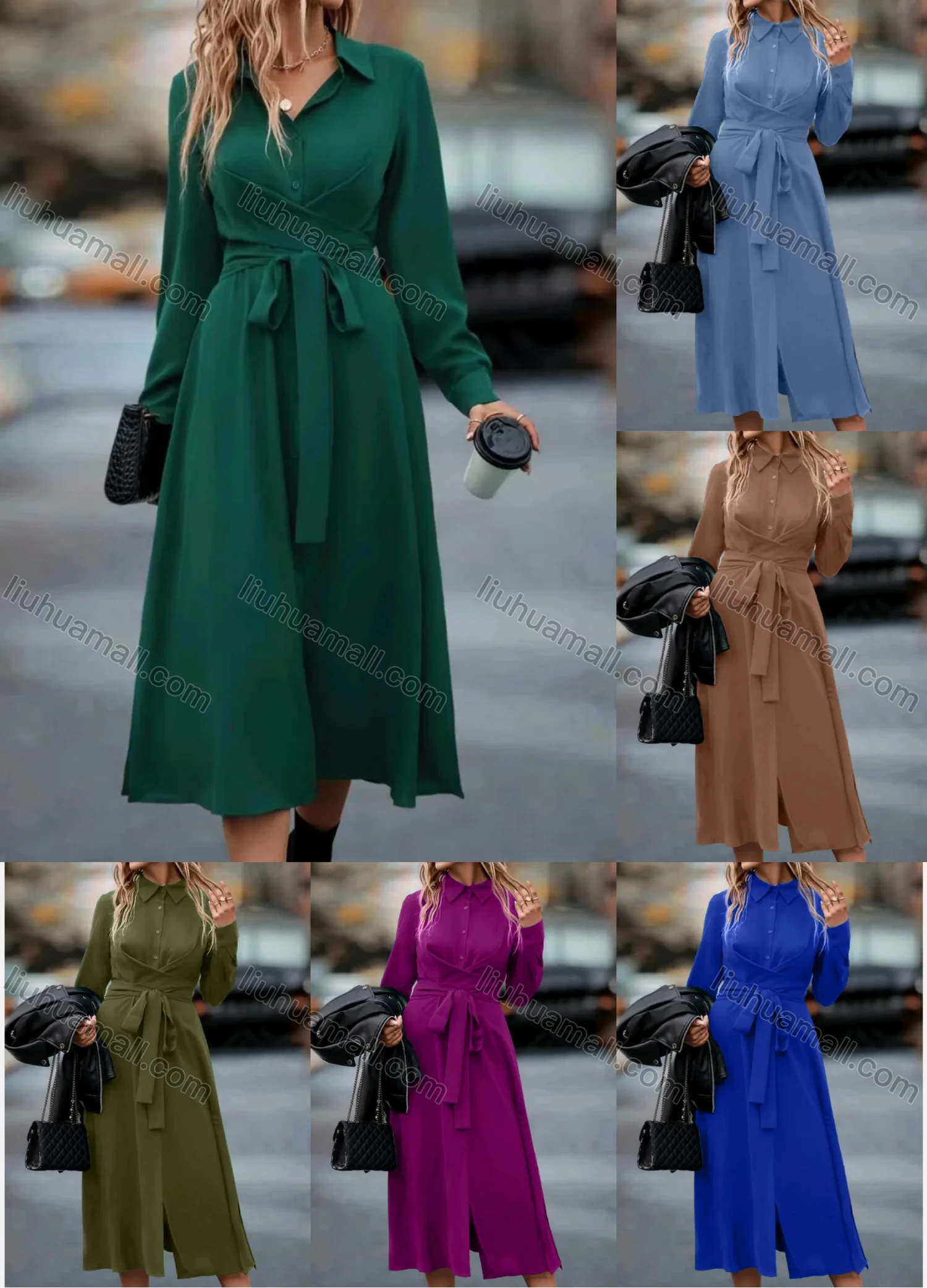 Wholesale Women's Casual Plain Collared Button Front Long Sleeve Midi Shirt Dress With Belt - Liuhuamall