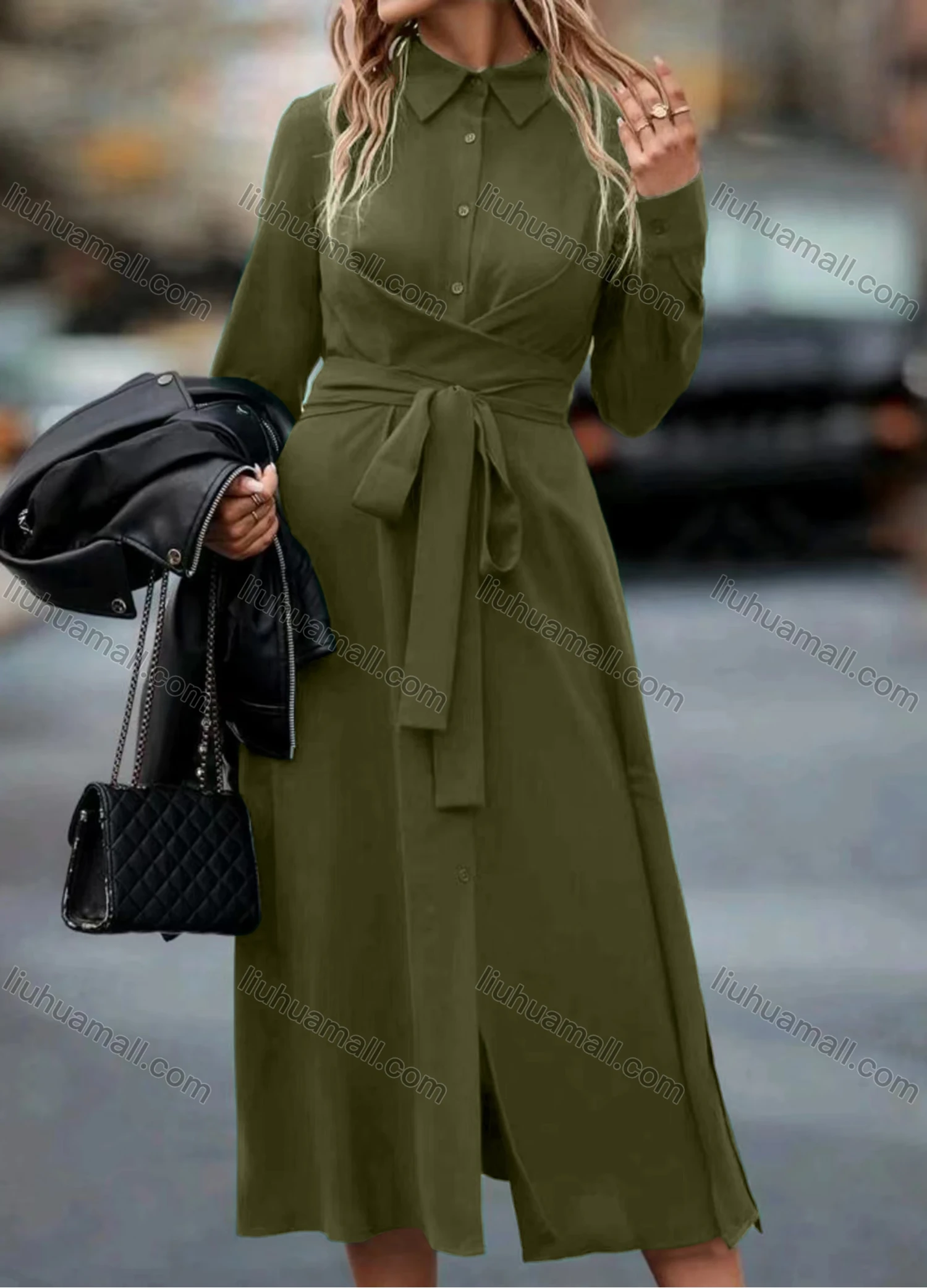 Wholesale Women's Casual Plain Collared Button Front Long Sleeve Midi Shirt Dress With Belt - Liuhuamall