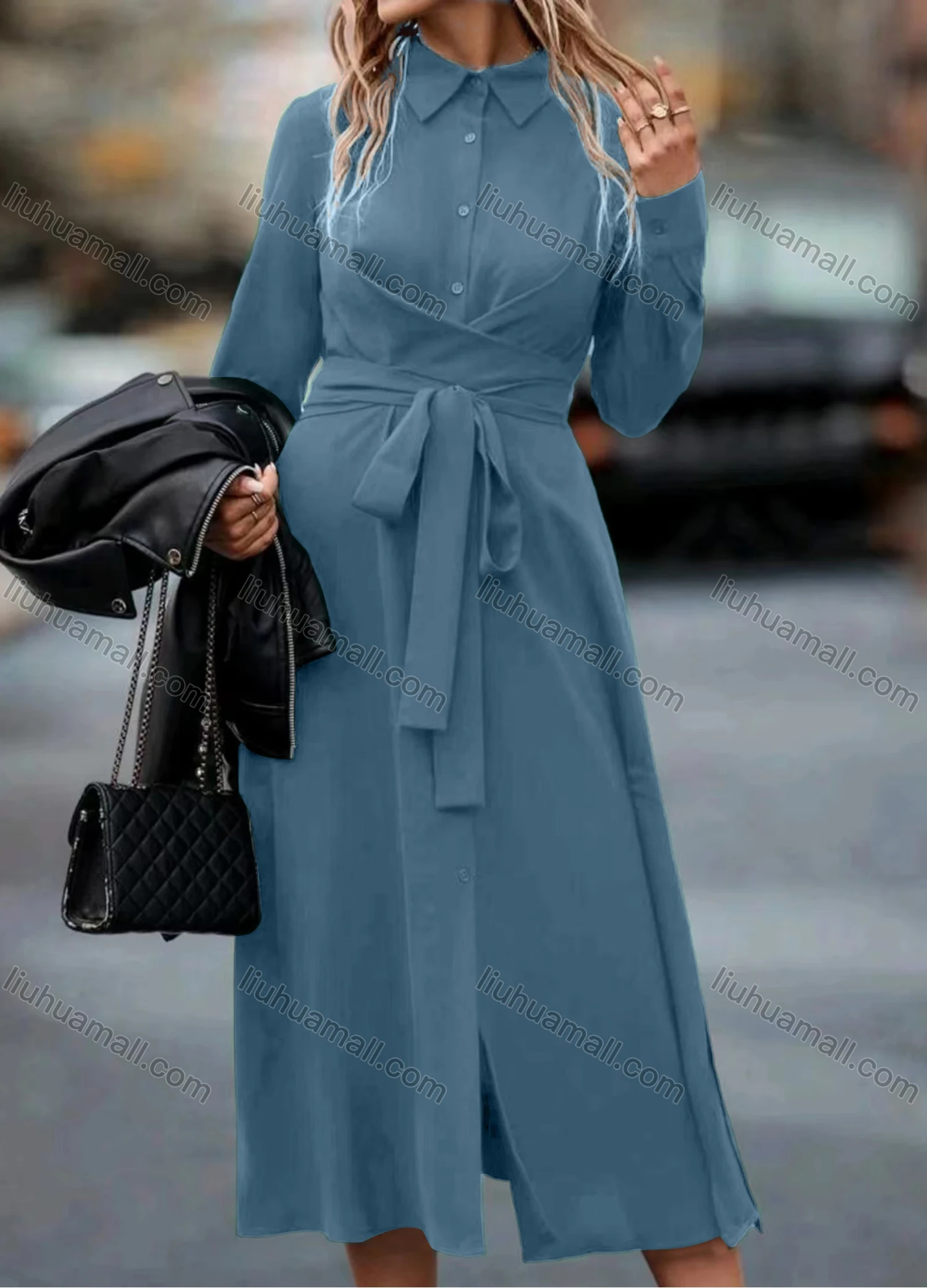 Wholesale Women's Casual Plain Collared Button Front Long Sleeve Midi Shirt Dress With Belt - Liuhuamall