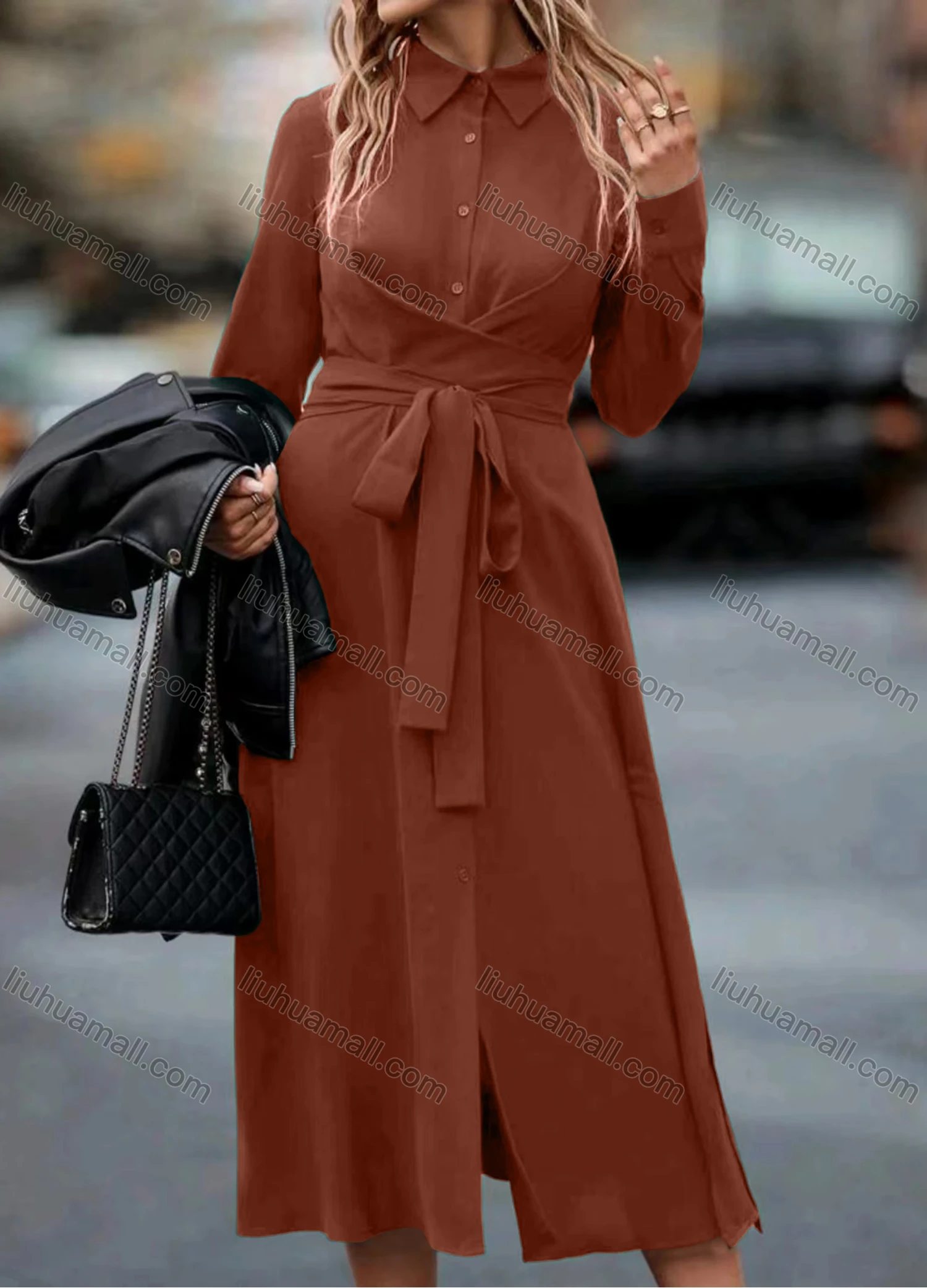 Wholesale Women's Casual Plain Collared Button Front Long Sleeve Midi Shirt Dress With Belt - Liuhuamall