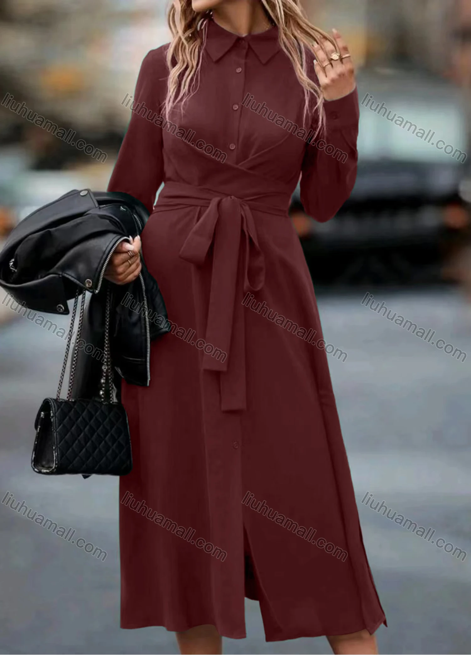 Wholesale Women's Casual Plain Collared Button Front Long Sleeve Midi Shirt Dress With Belt - Liuhuamall
