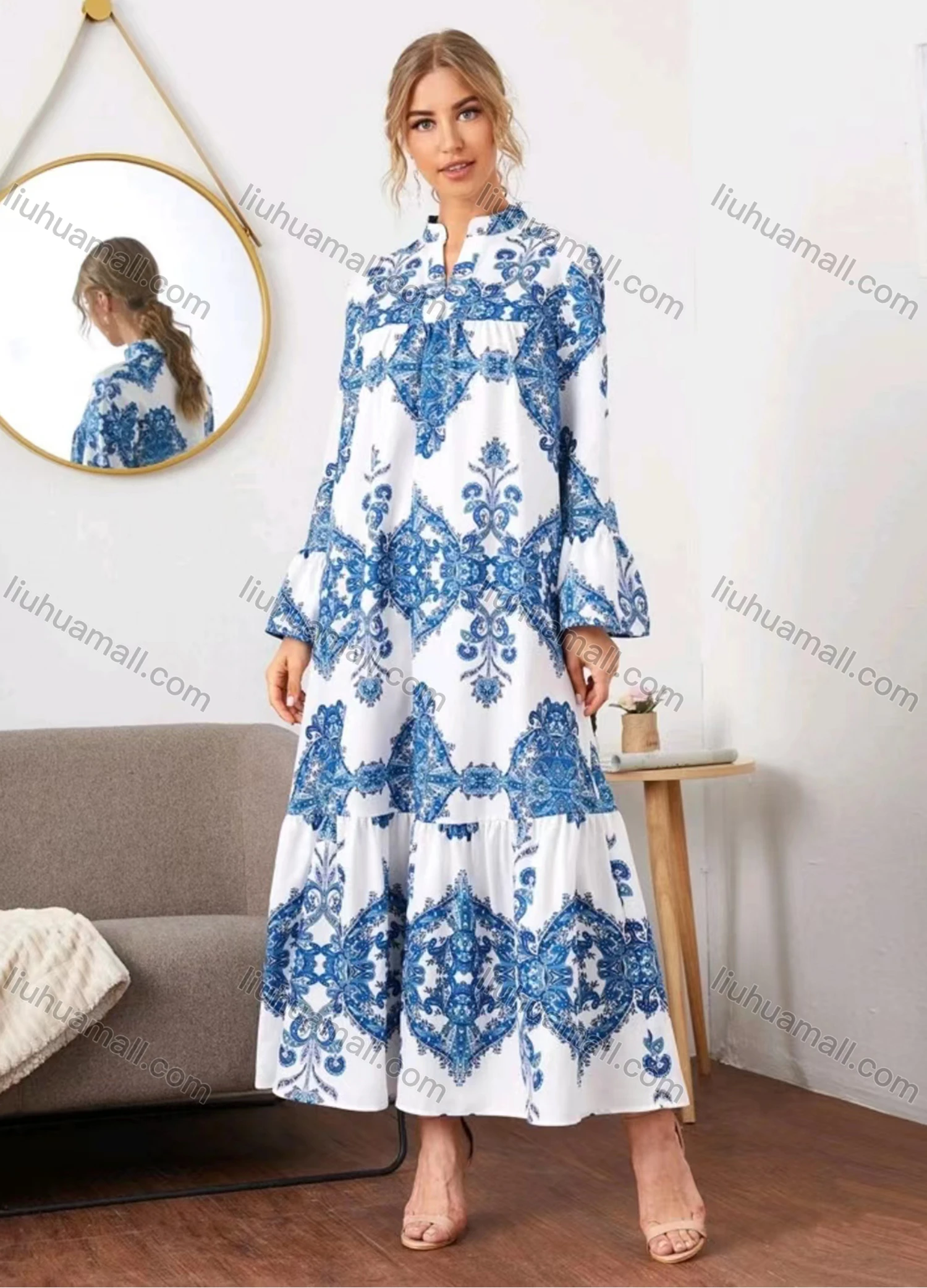 Wholesale Women's Vintage Baroque Allover Print Long Sleeve Ruffle Hem Maxi Dress - Liuhuamall
