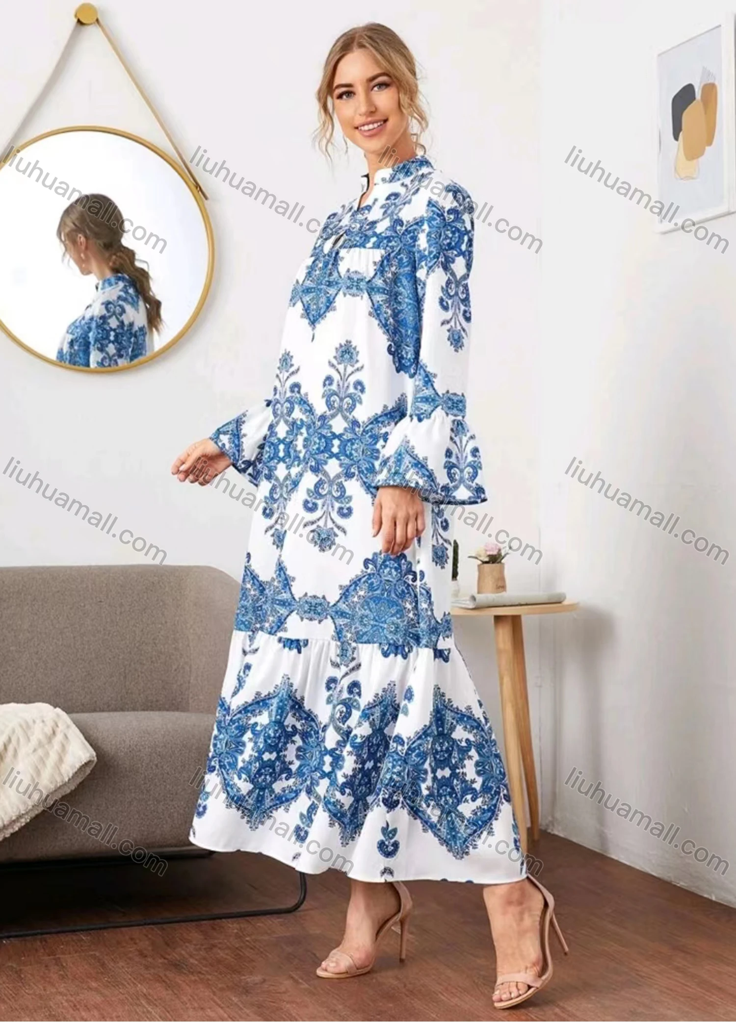 Wholesale Women's Vintage Baroque Allover Print Long Sleeve Ruffle Hem Maxi Dress - Liuhuamall