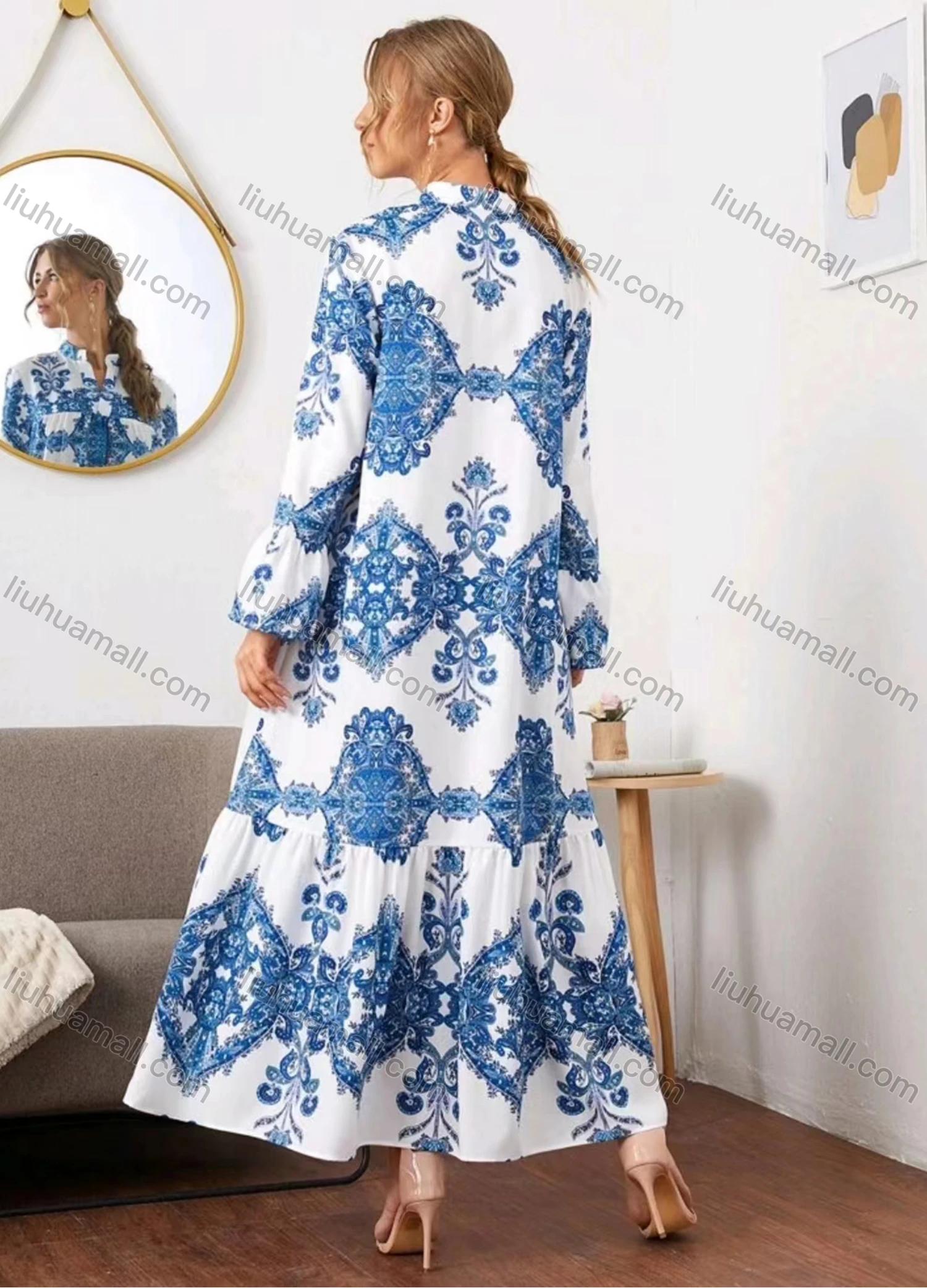 Wholesale Women's Vintage Baroque Allover Print Long Sleeve Ruffle Hem Maxi Dress - Liuhuamall