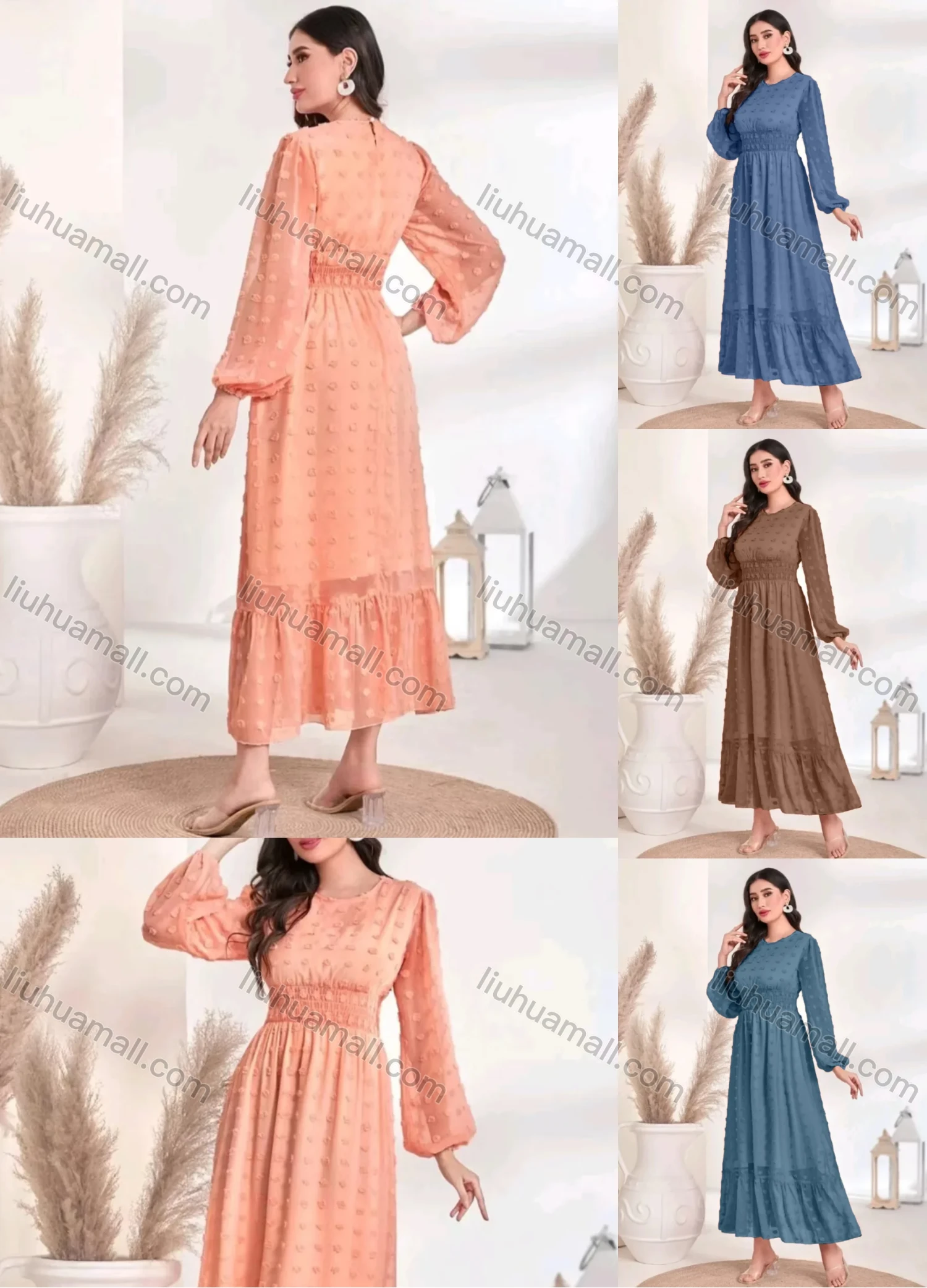 Wholesale Women's Casual Plain Swiss Dot Shirred Round Neck Long Sleeve Ruffle Hem Maxi Dress - Liuhuamall