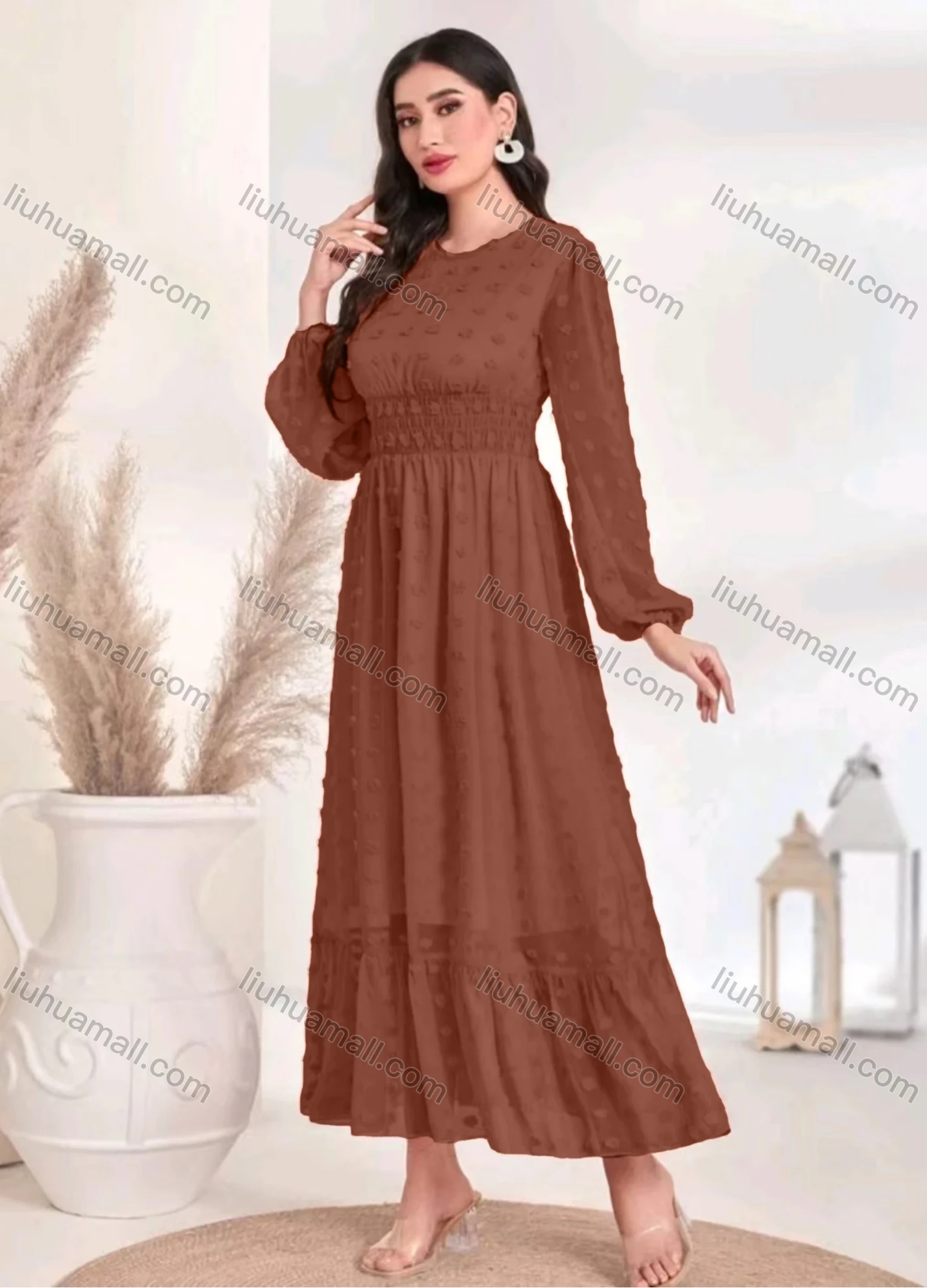 Wholesale Women's Casual Plain Swiss Dot Shirred Round Neck Long Sleeve Ruffle Hem Maxi Dress - Liuhuamall