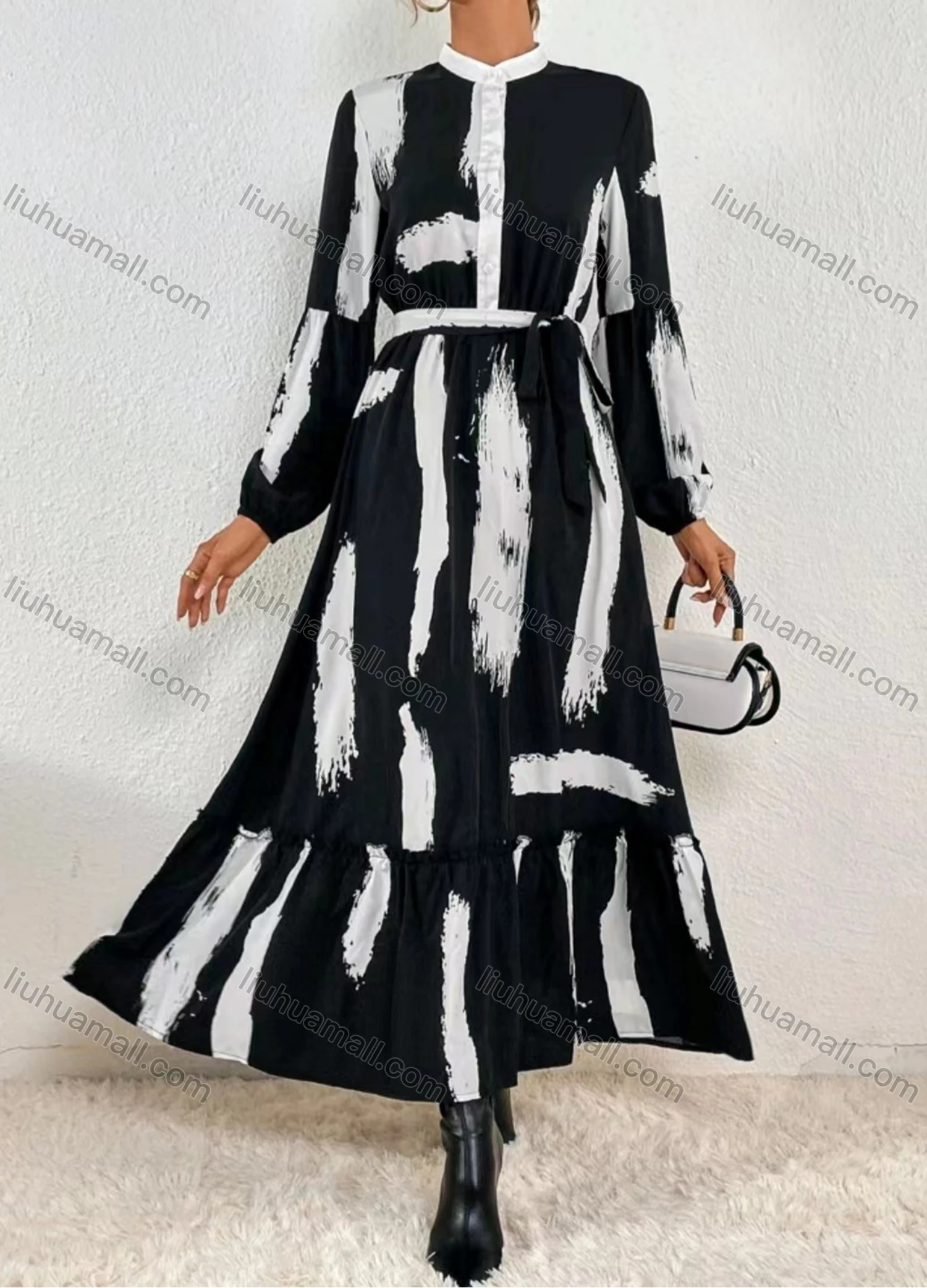 Wholesale Women's Fashion Ink Print Button Front Stand Collar Long Sleeve Ruffle Hem Maxi Shirt Dress - Liuhuamall