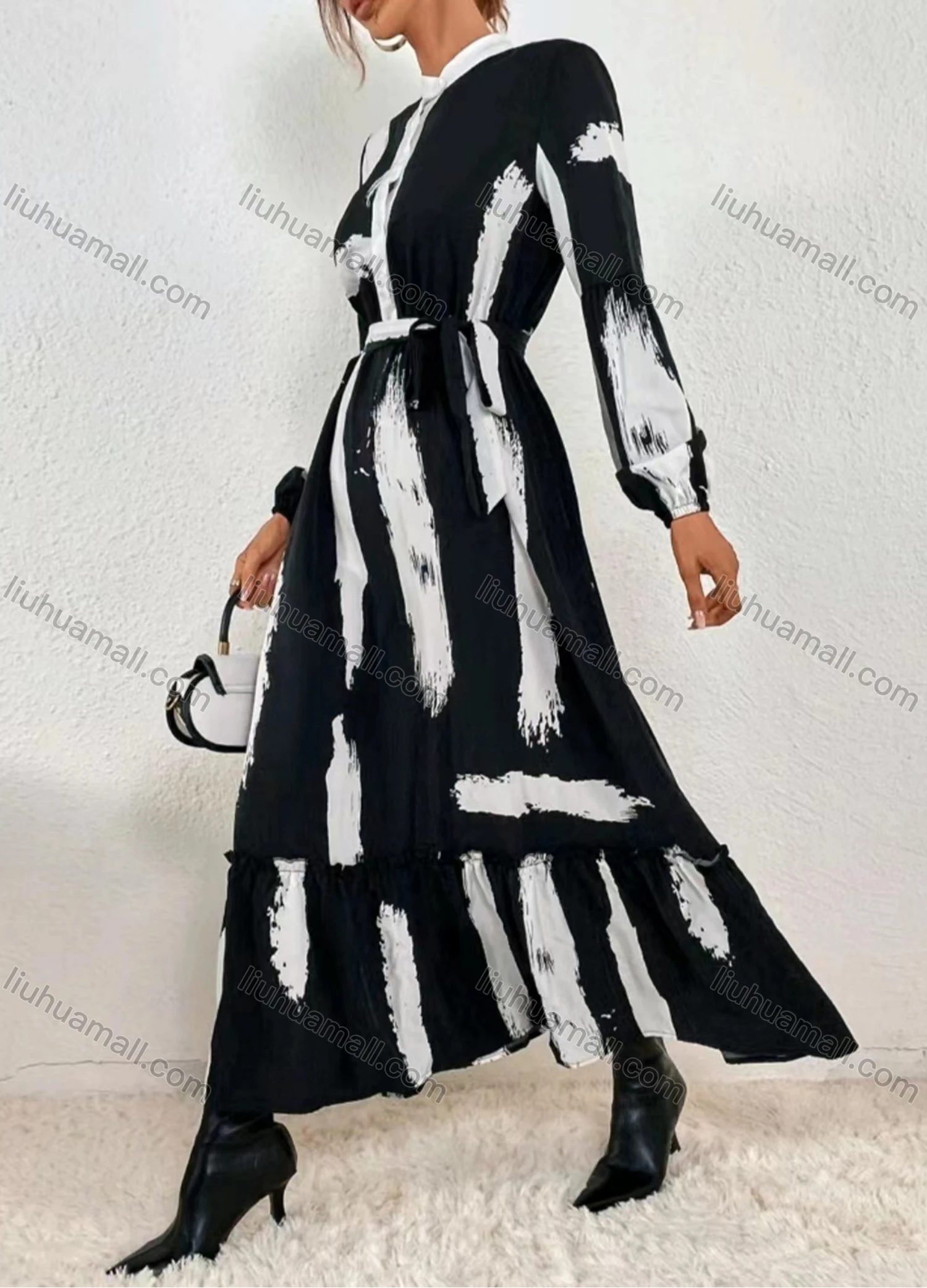 Wholesale Women's Fashion Ink Print Button Front Stand Collar Long Sleeve Ruffle Hem Maxi Shirt Dress - Liuhuamall