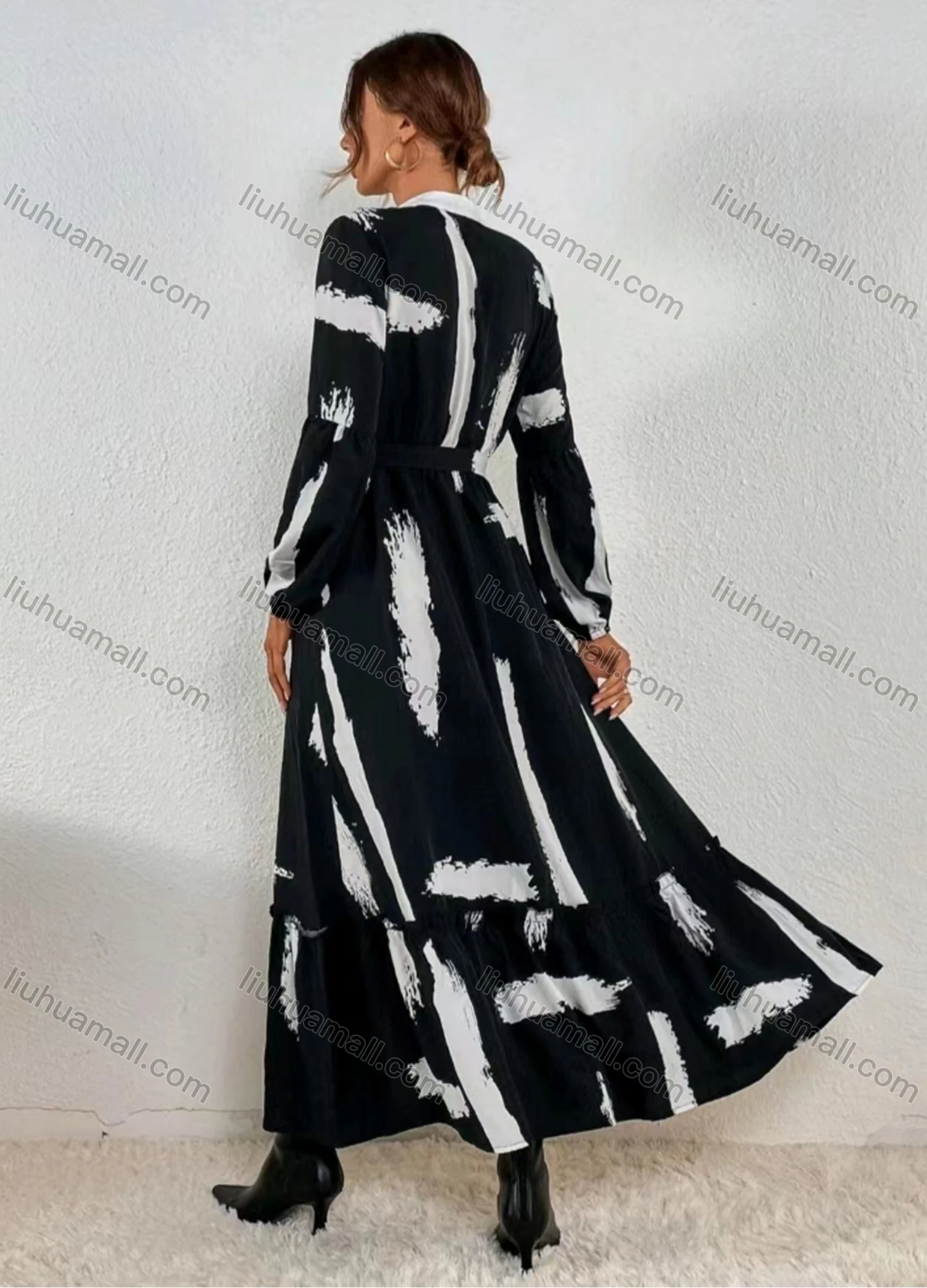 Wholesale Women's Fashion Ink Print Button Front Stand Collar Long Sleeve Ruffle Hem Maxi Shirt Dress - Liuhuamall