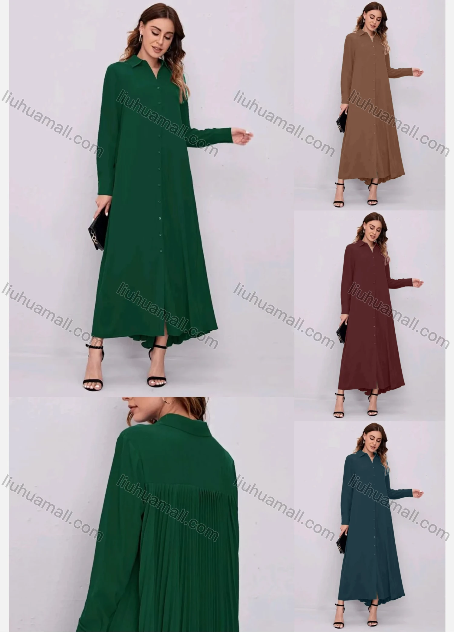 Wholesale Women's Casual Plain Collared Button Down Long Sleeve Maxi Shirt Dress - Liuhuamall