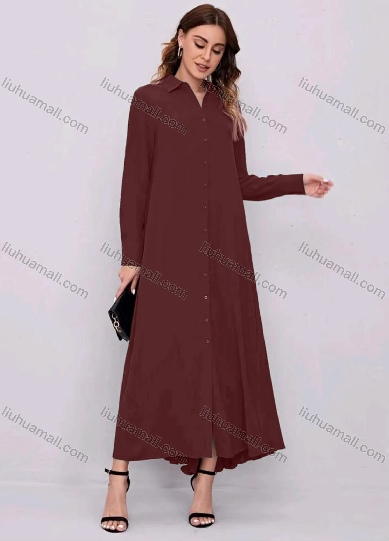 Wholesale Women's Casual Plain Collared Button Down Long Sleeve Maxi Shirt Dress - Liuhuamall