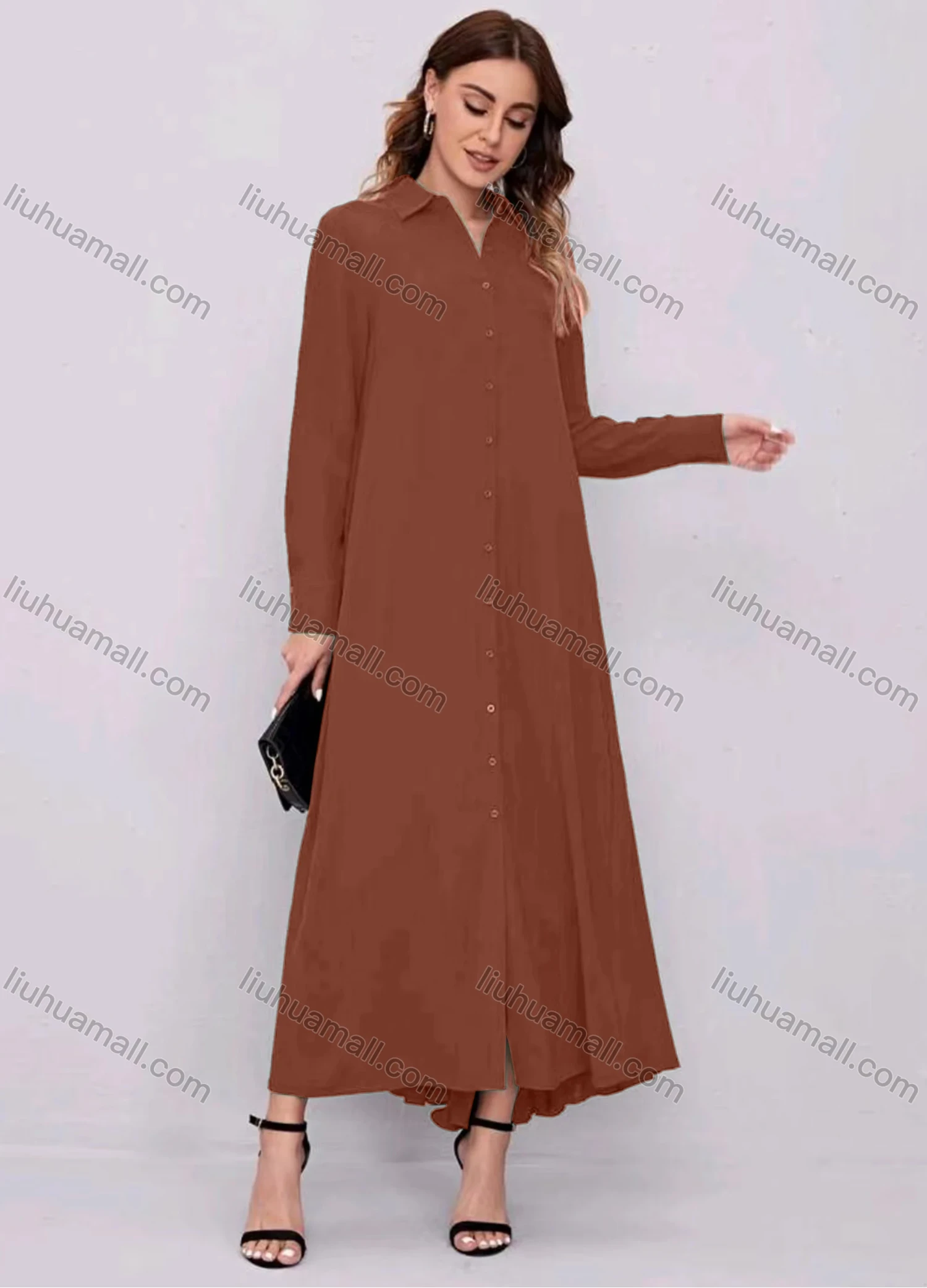 Wholesale Women's Casual Plain Collared Button Down Long Sleeve Maxi Shirt Dress - Liuhuamall