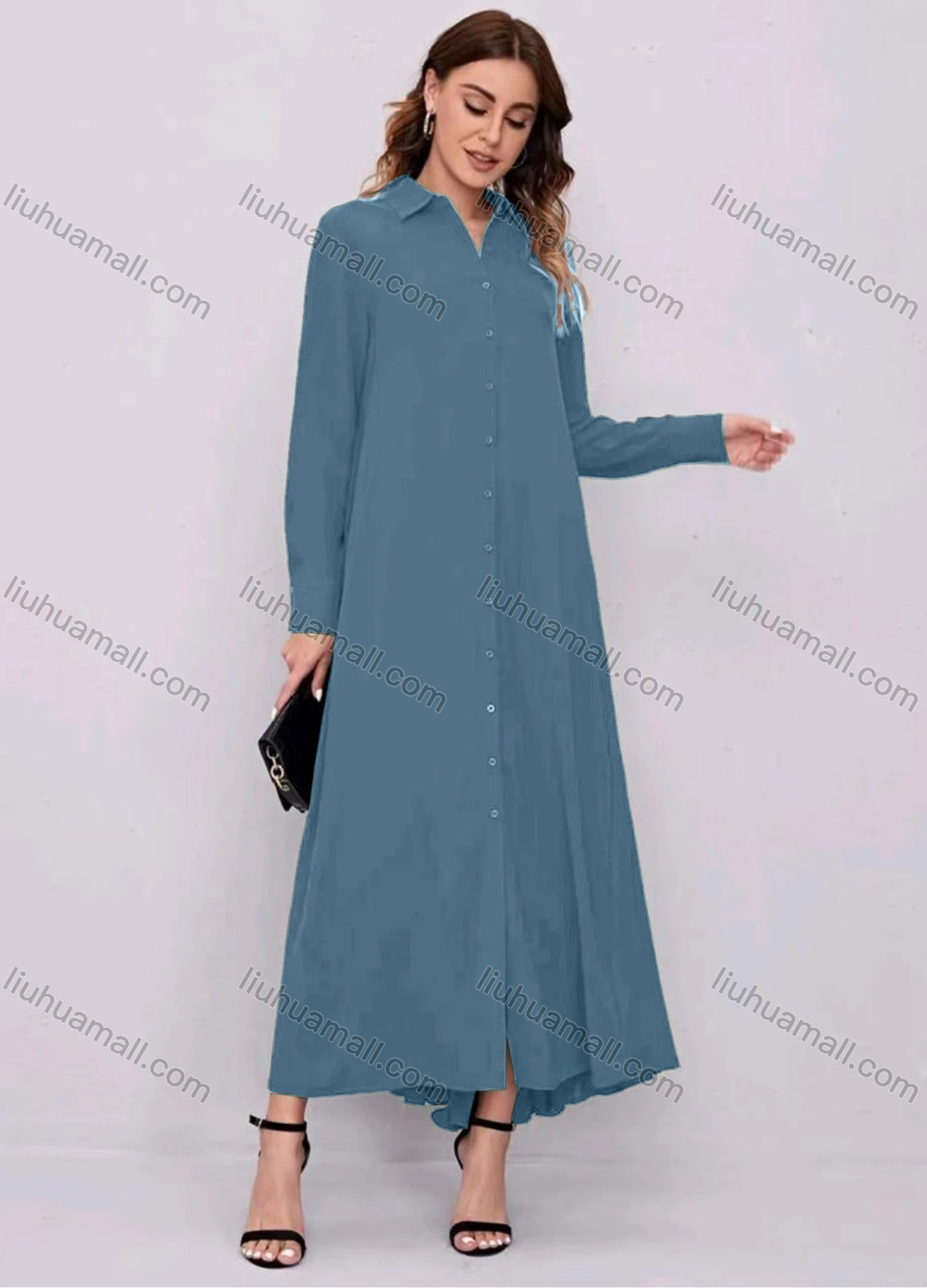 Wholesale Women's Casual Plain Collared Button Down Long Sleeve Maxi Shirt Dress - Liuhuamall