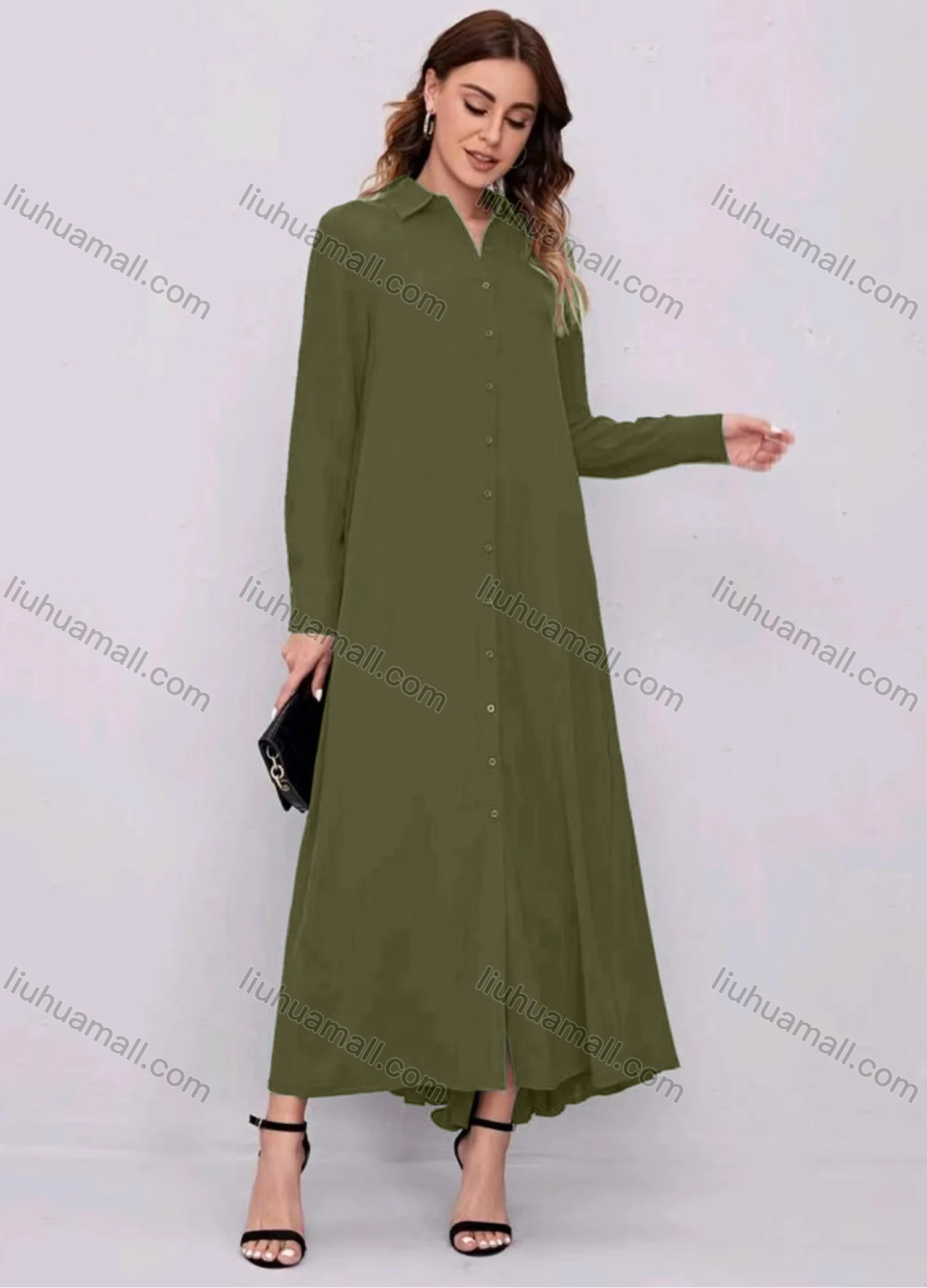 Wholesale Women's Casual Plain Collared Button Down Long Sleeve Maxi Shirt Dress - Liuhuamall