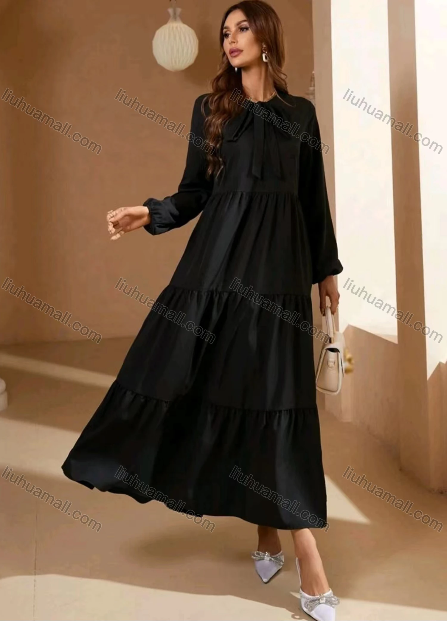 Wholesale Women's Casual Plain Tie Neck Long Sleeve Ruched Ruffle Hem Maxi Dress - Liuhuamall