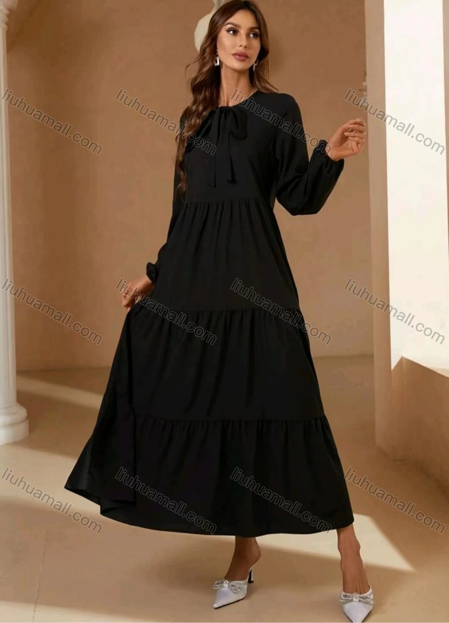 Wholesale Women's Casual Plain Tie Neck Long Sleeve Ruched Ruffle Hem Maxi Dress - Liuhuamall