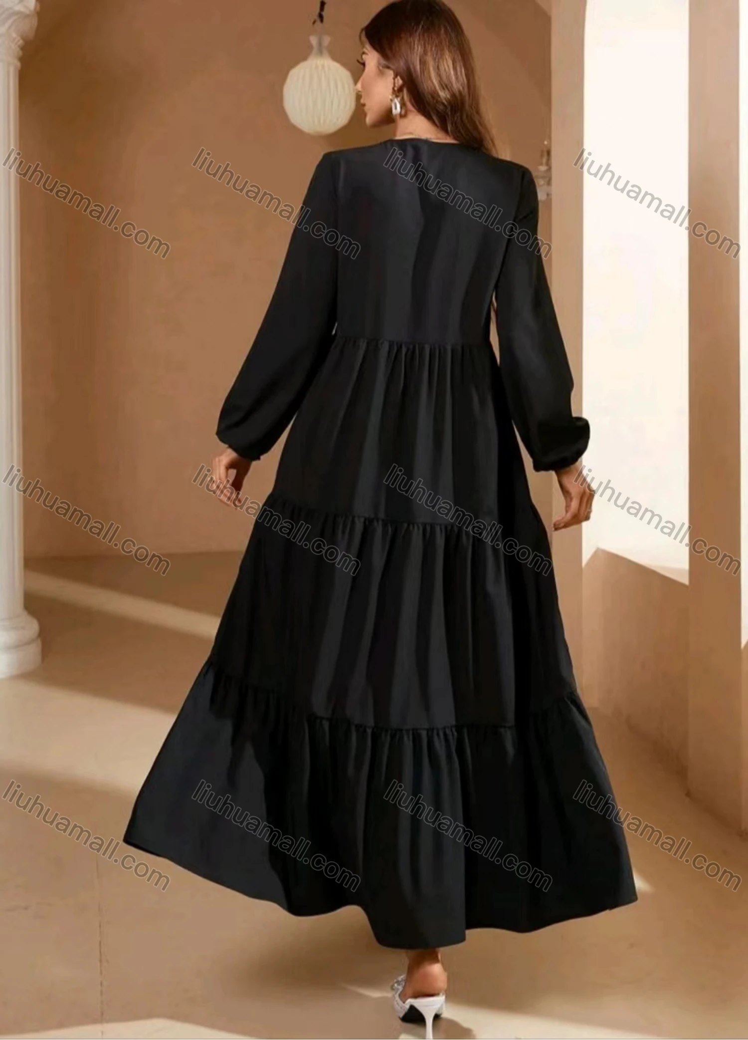 Wholesale Women's Casual Plain Tie Neck Long Sleeve Ruched Ruffle Hem Maxi Dress - Liuhuamall