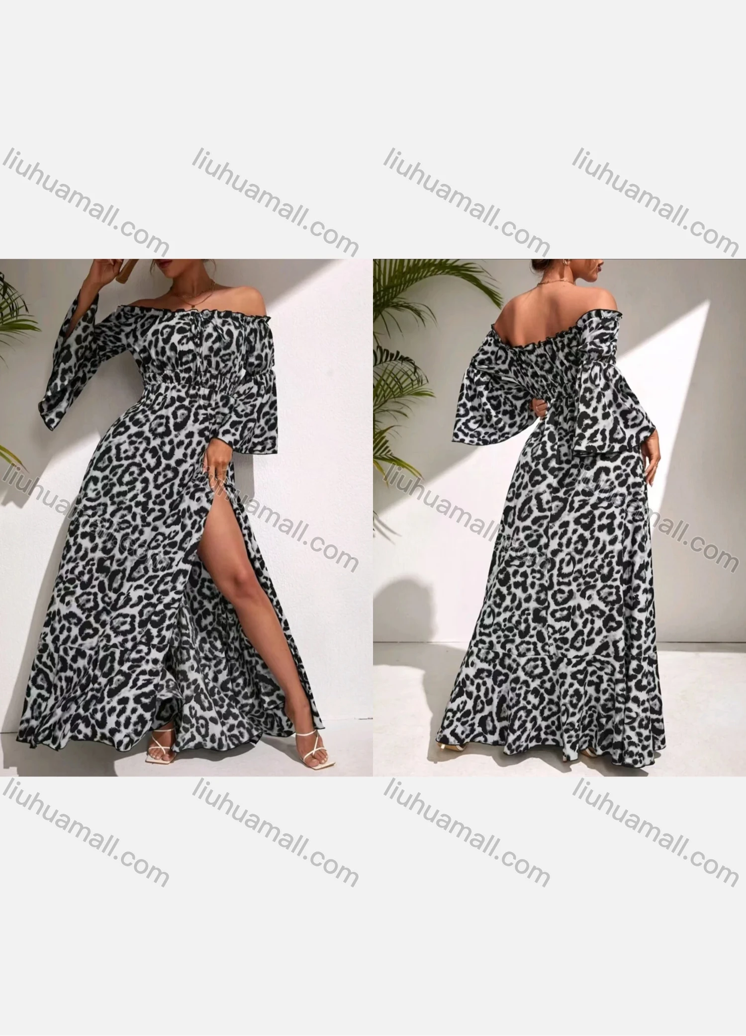 Wholesale Women's Casual Leopard Print Ruffle Trim Off Shoulder Shirred Split Side Maxi Cocktail Dress - Liuhuamall