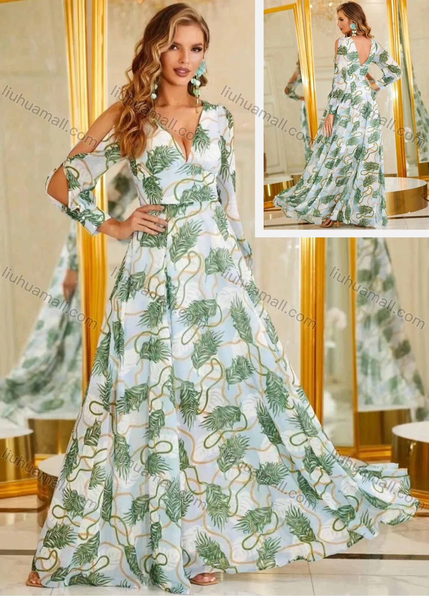 Wholesale Women's Elegant Leaf Print High Waist Ruffle Hem Cocktail Floor Length Dress - Liuhuamall