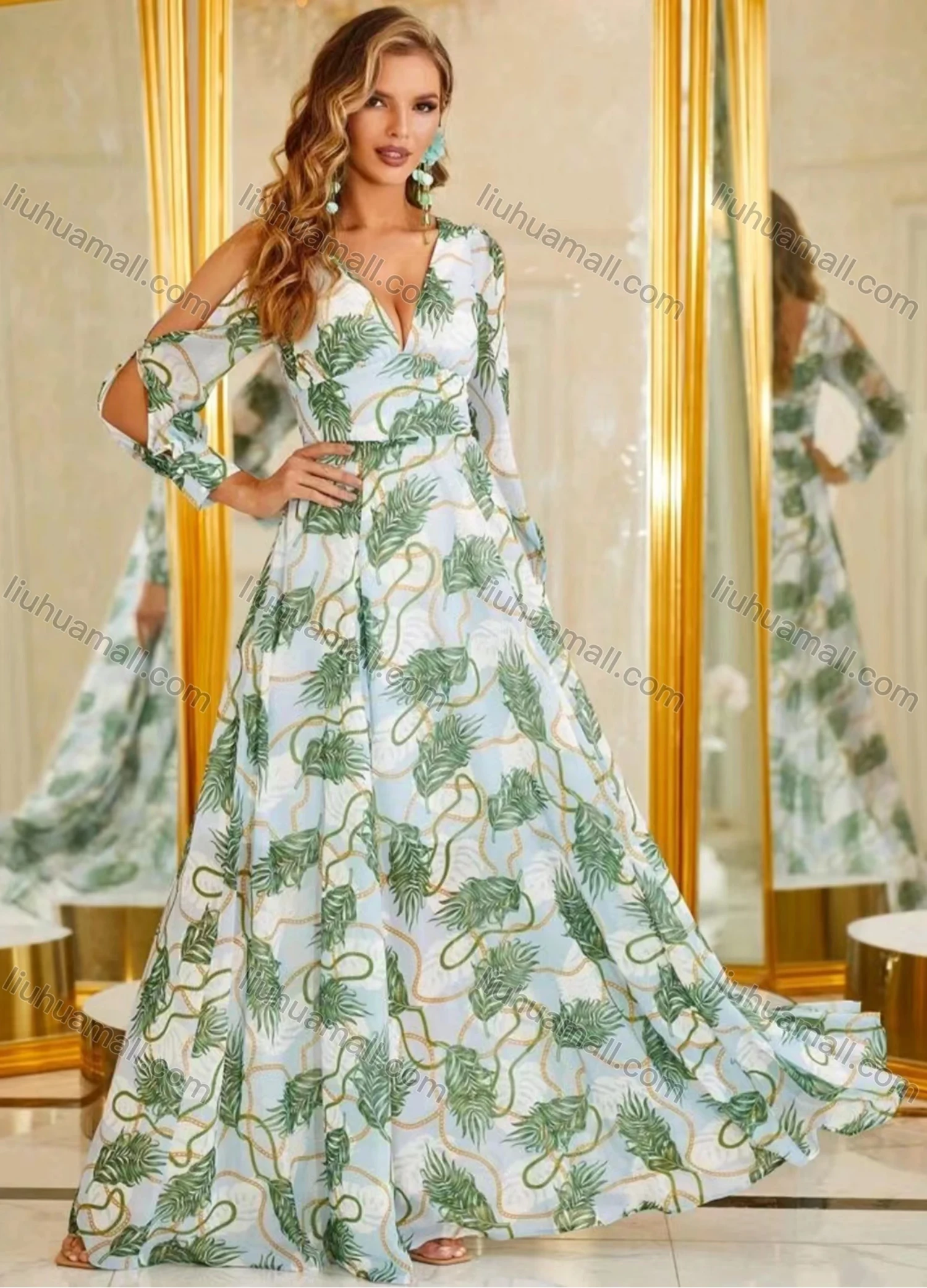 Wholesale Women's Elegant Leaf Print High Waist Ruffle Hem Cocktail Floor Length Dress - Liuhuamall