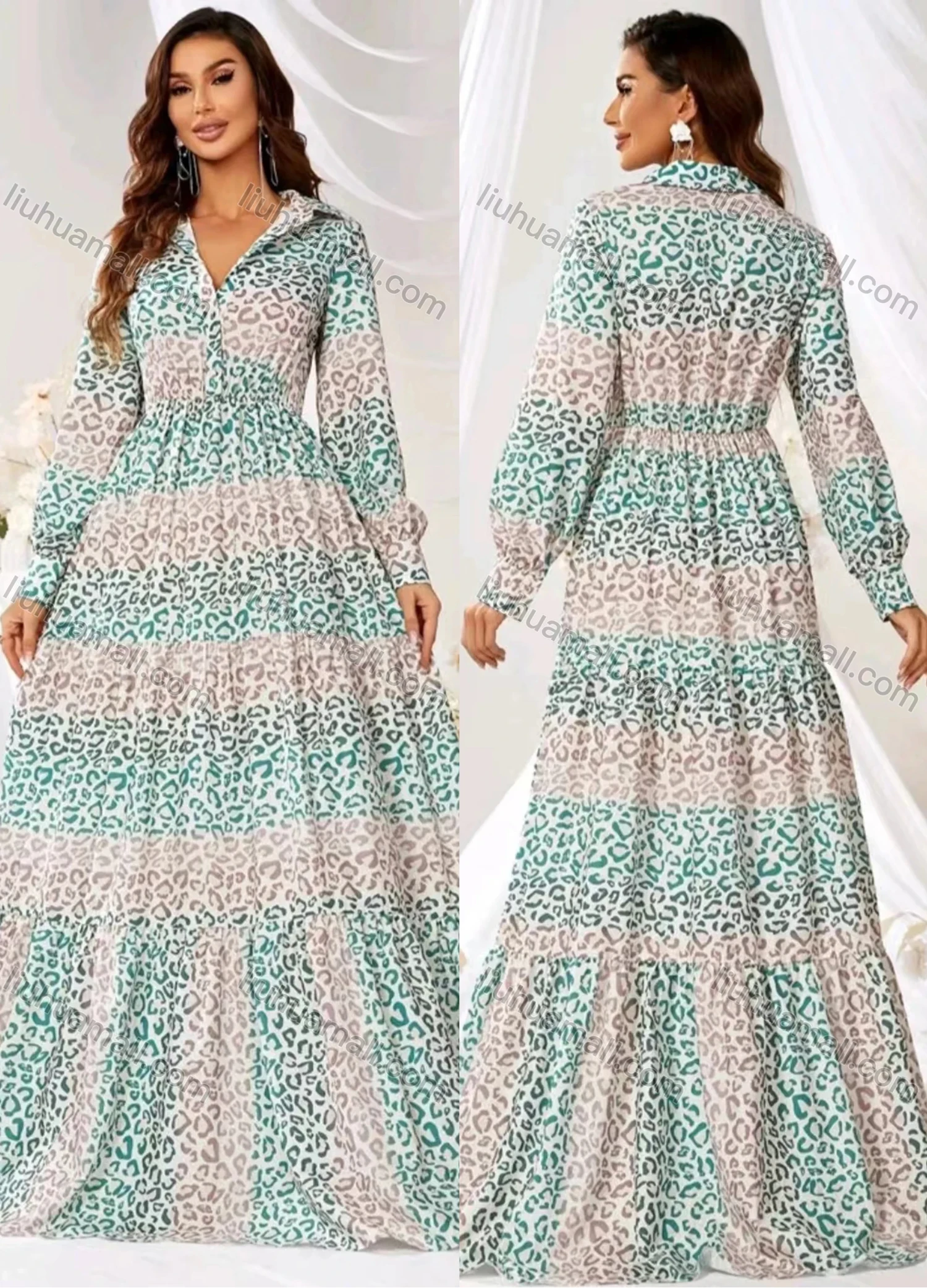 Wholesale Women's Leopard Print Colorblock Long Sleeve Ruched Floor Length Cocktail Dress - Liuhuamall