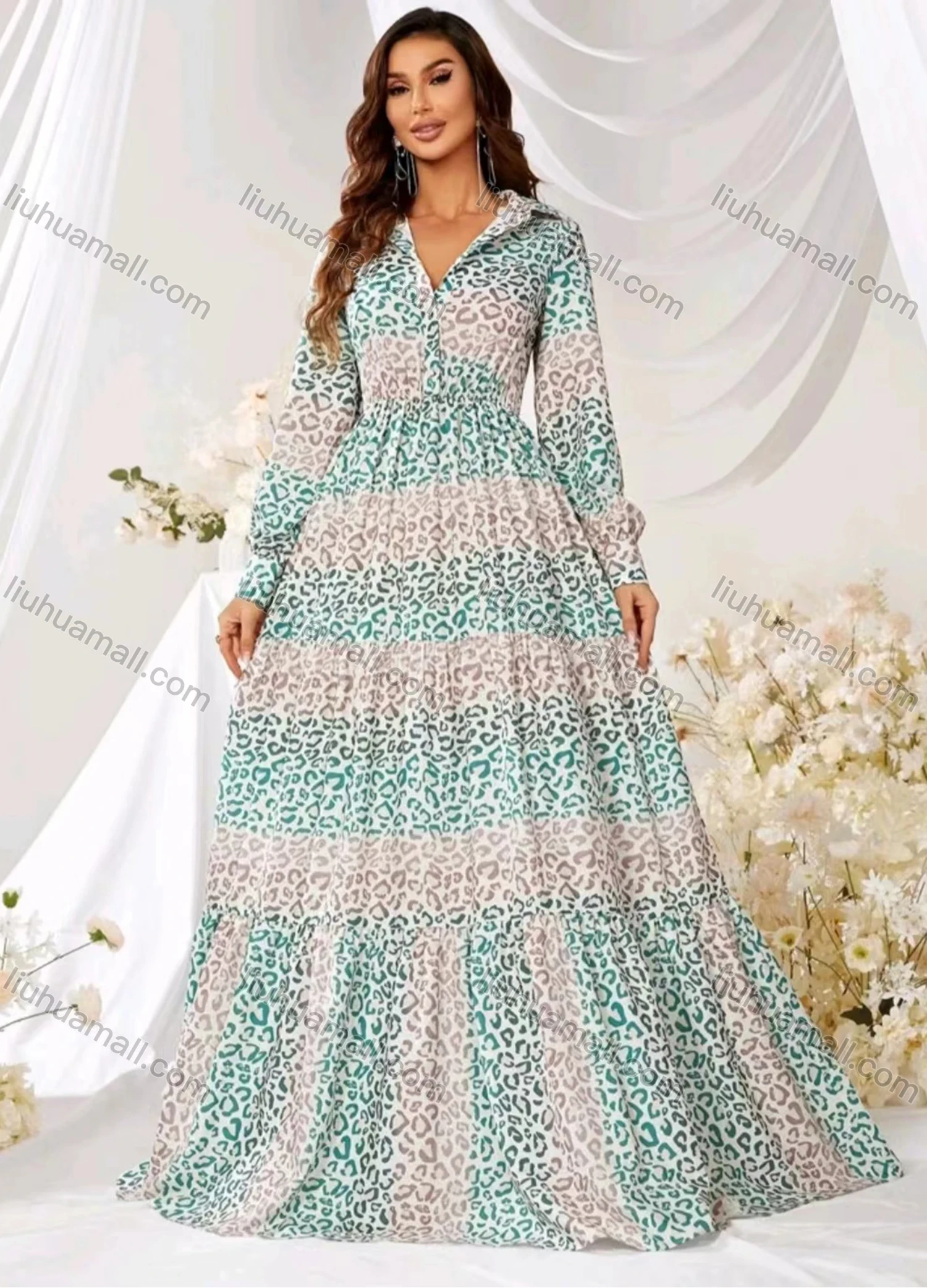 Wholesale Women's Leopard Print Colorblock Long Sleeve Ruched Floor Length Cocktail Dress - Liuhuamall